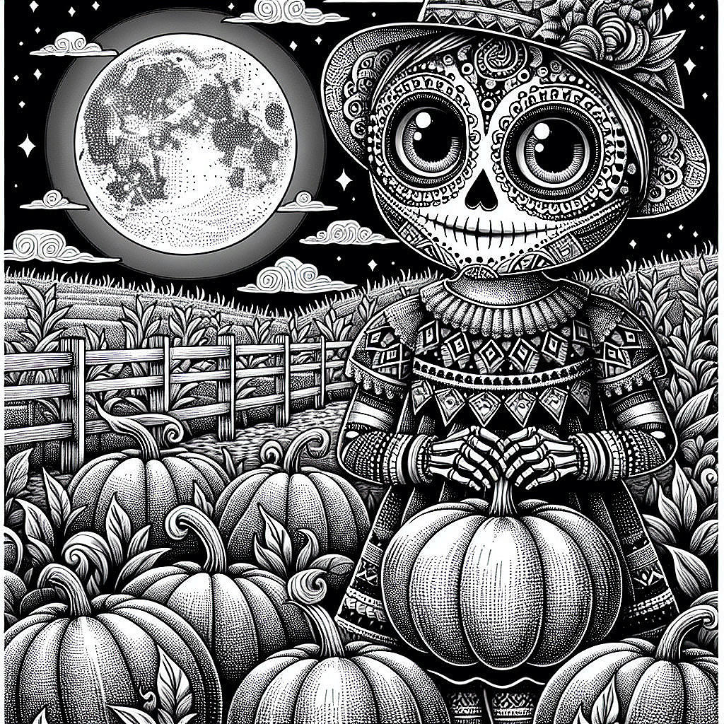 Whimsical Skeleton in Pumpkin Patch Under Full Moon