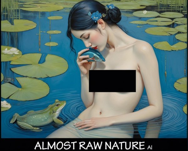 Young Woman with Frog in Tranquil Water Setting