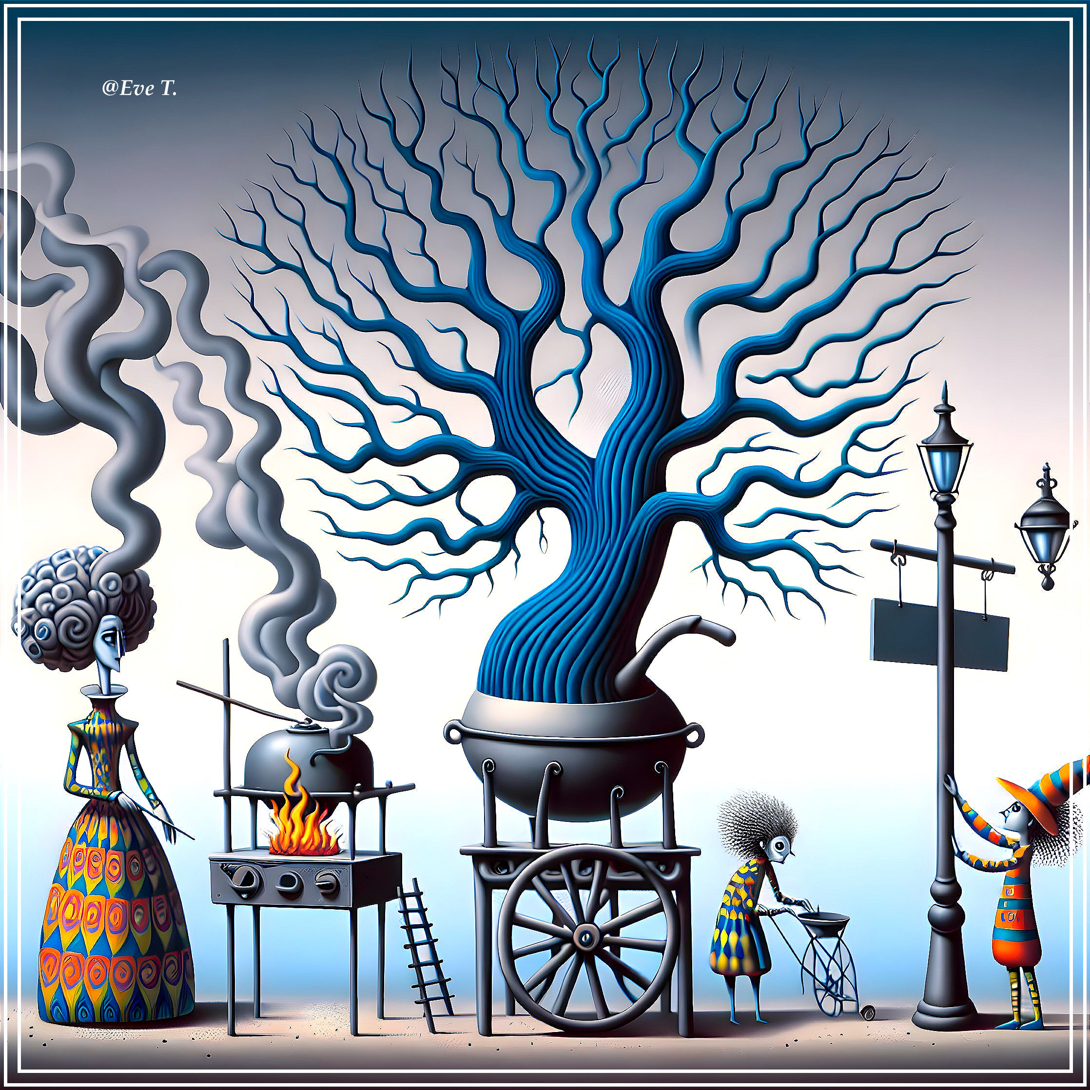 Surreal Artwork with Whimsical Tree and Characters