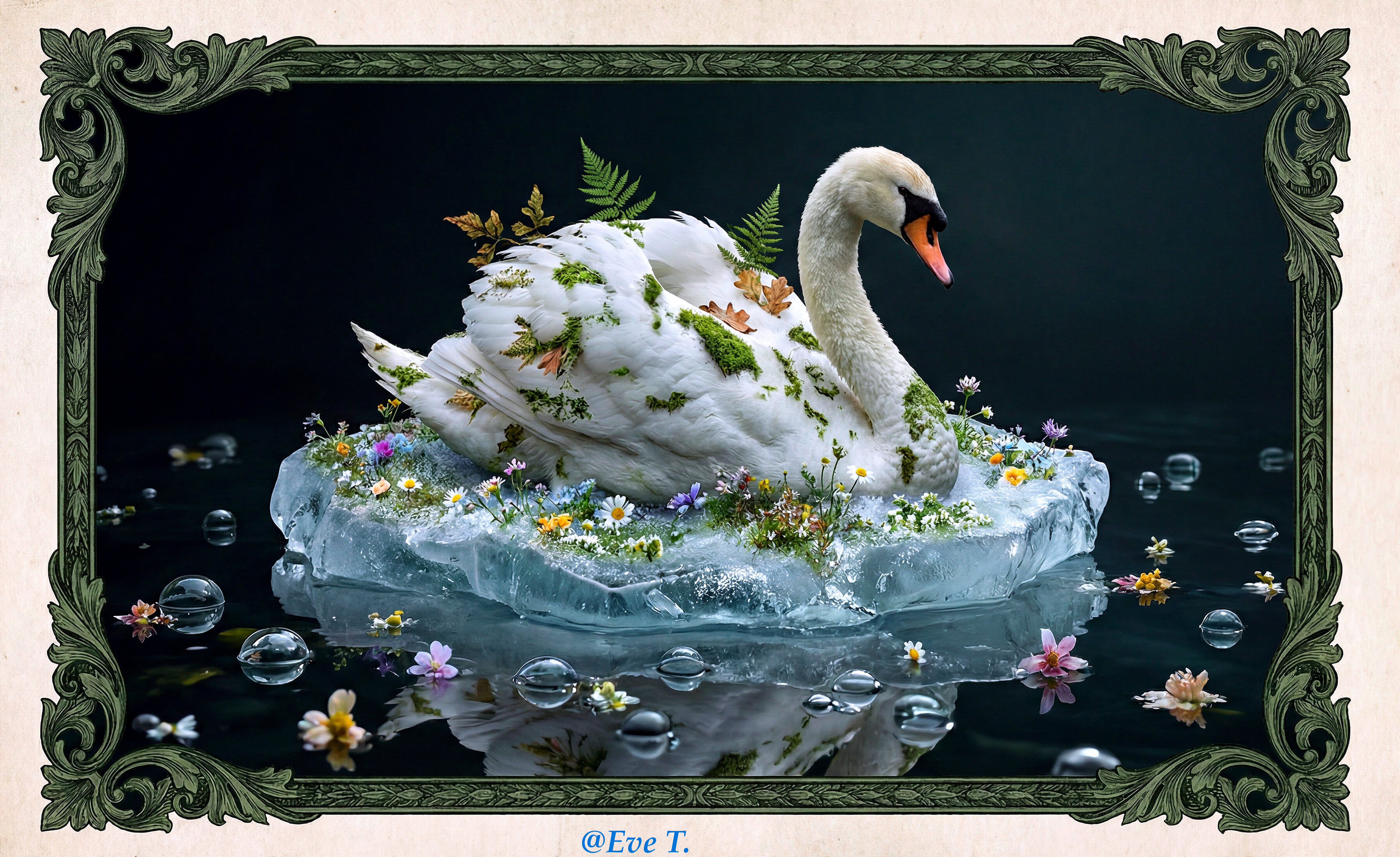 Nature-Inspired Swan on Ice with Floral Details