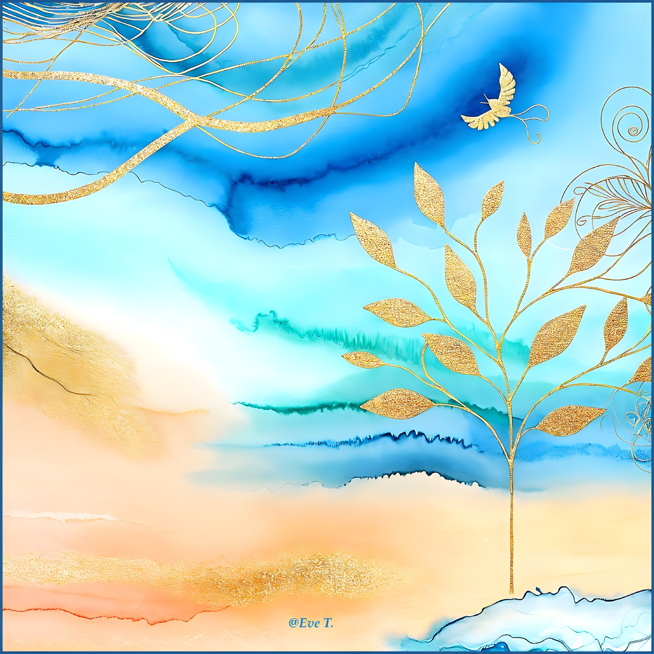 Abstract Landscape with Blue and Gold Waves