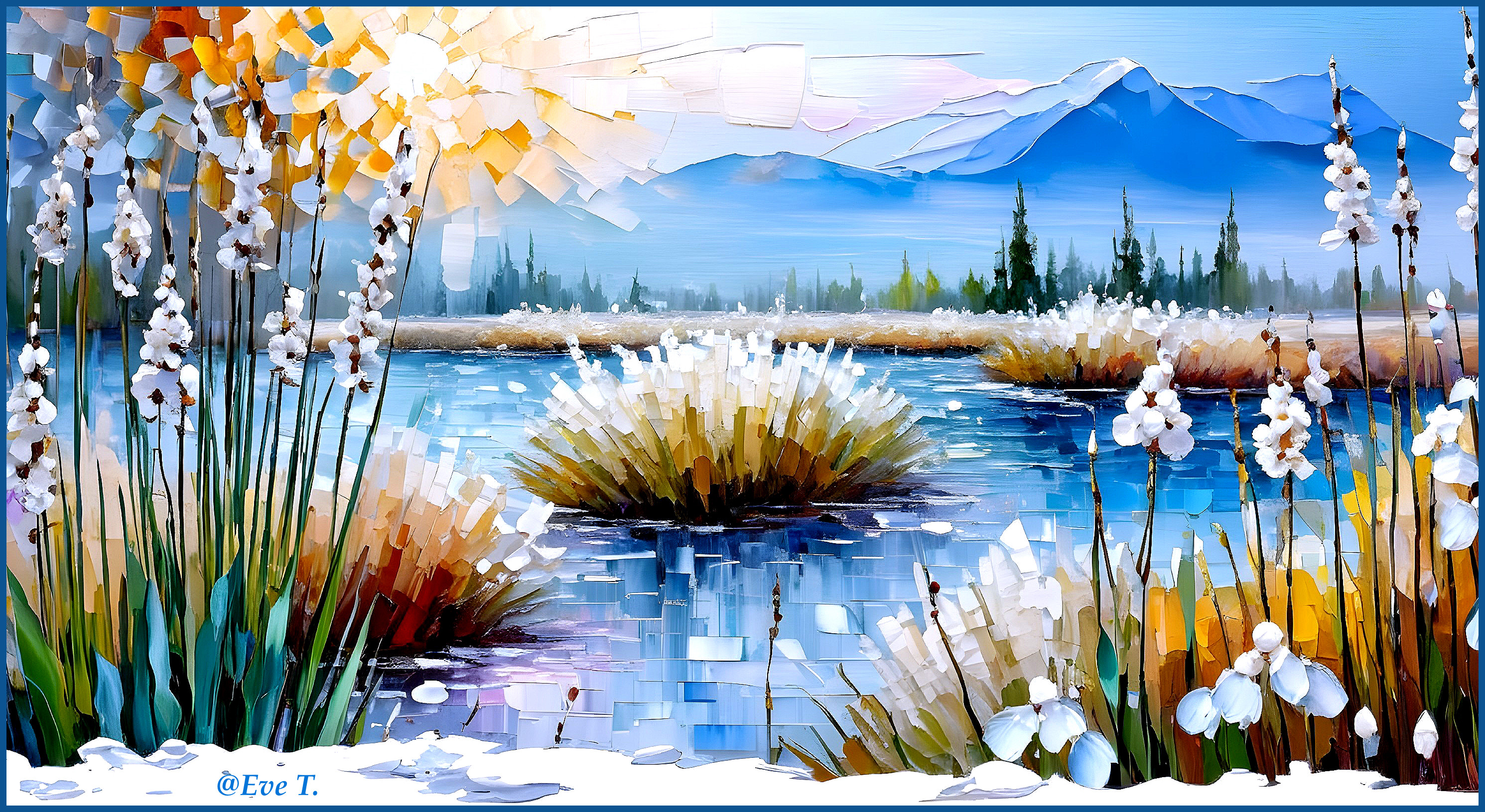 Tranquil Landscape with Water, Mountains, and Flowers