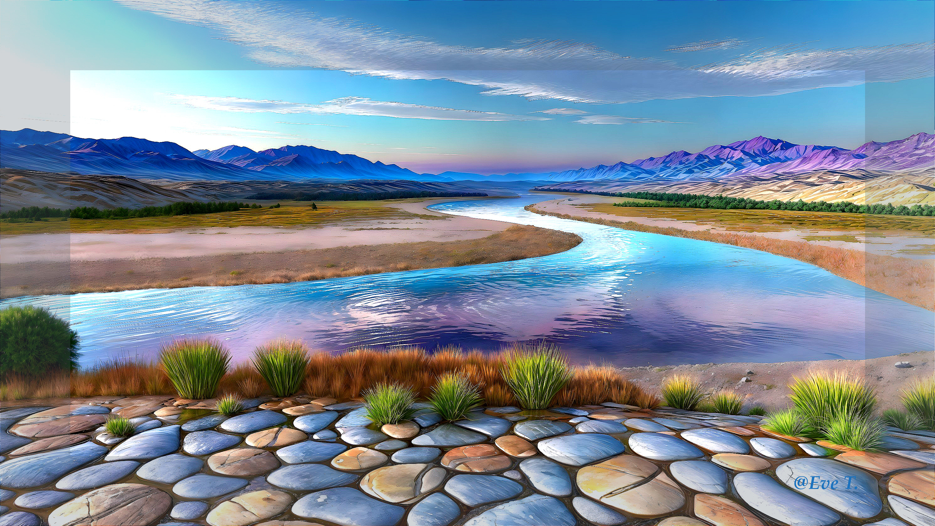 Winding River in a Serene Mountain Valley Landscape