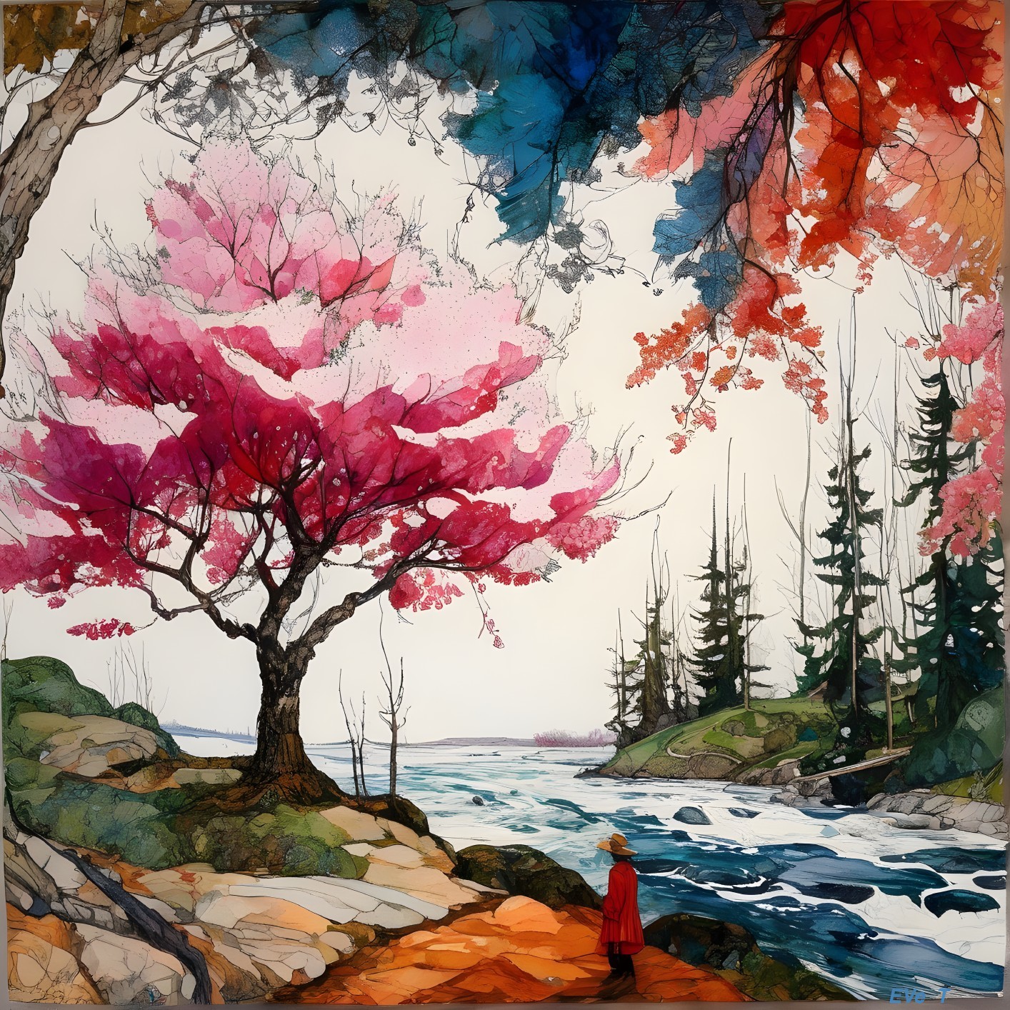 Colorful painting of person by river with blossoming tree & autumn foliage.