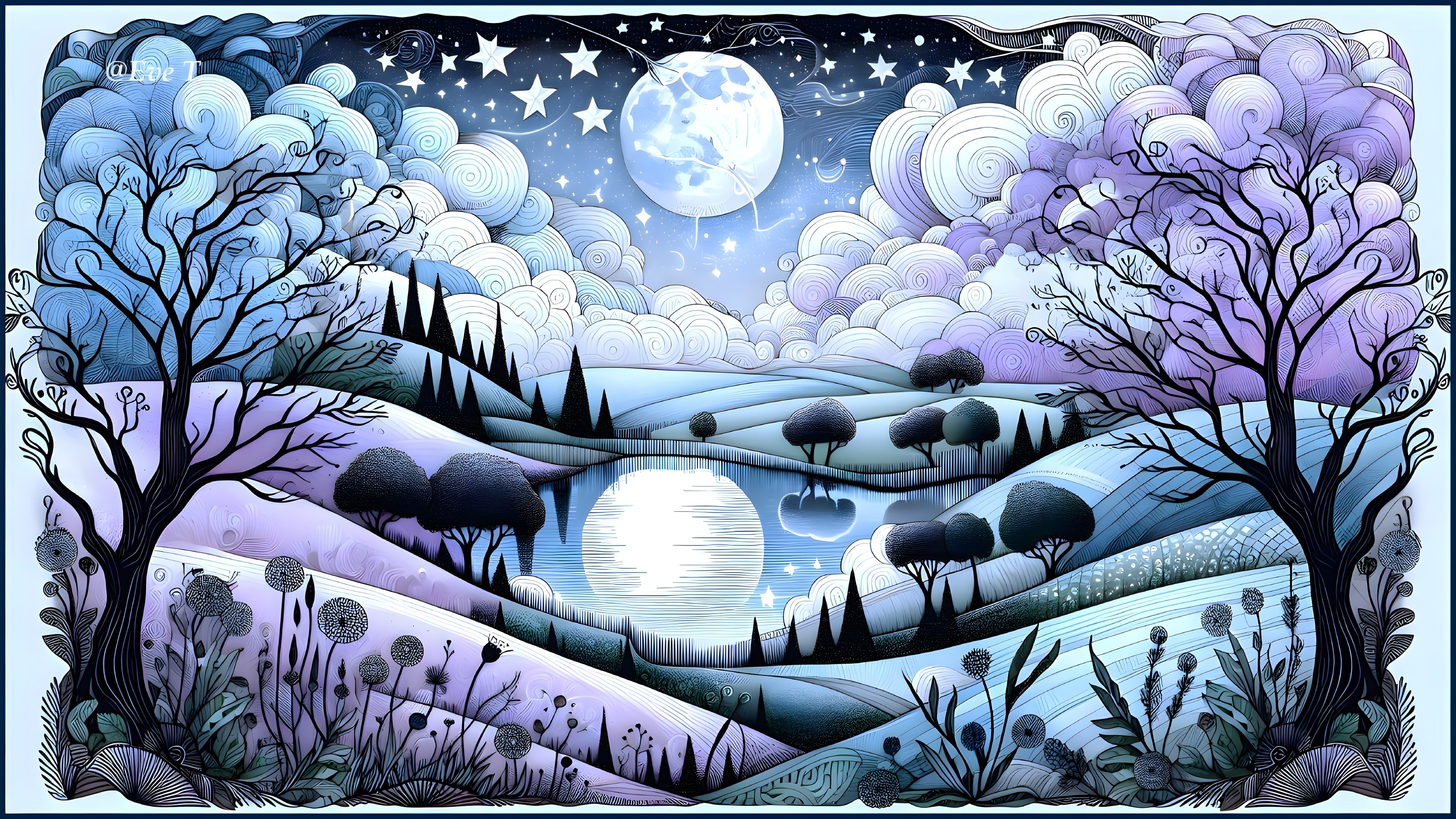 Dreamlike Landscape with Moonlit Lake and Hills