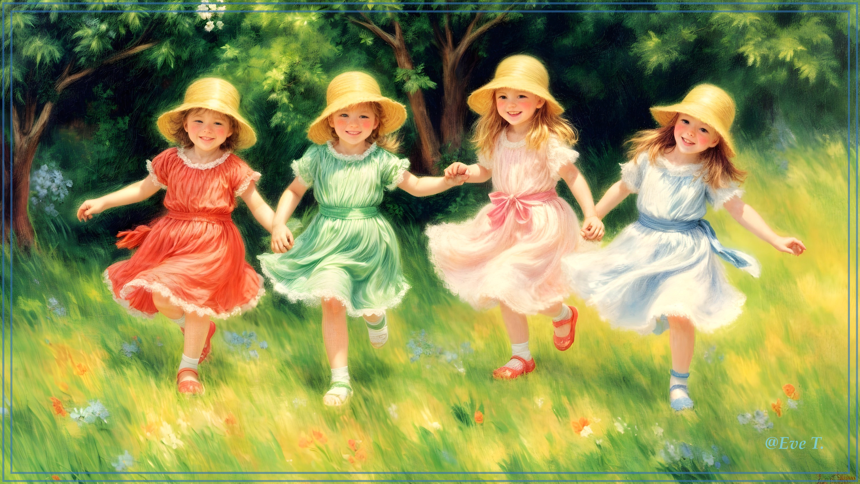 Young girls in colorful dresses running in a meadow