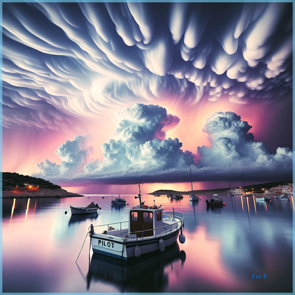 Serene harbor with small boat and colorful sunset clouds