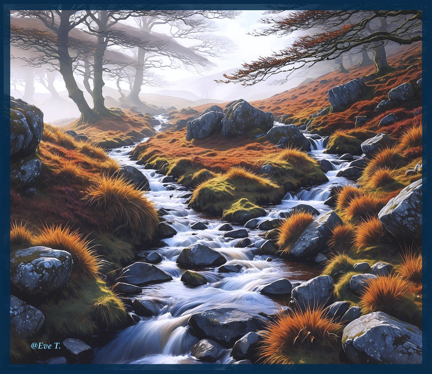 Serene Autumn Landscape with Gentle Stream and Mist