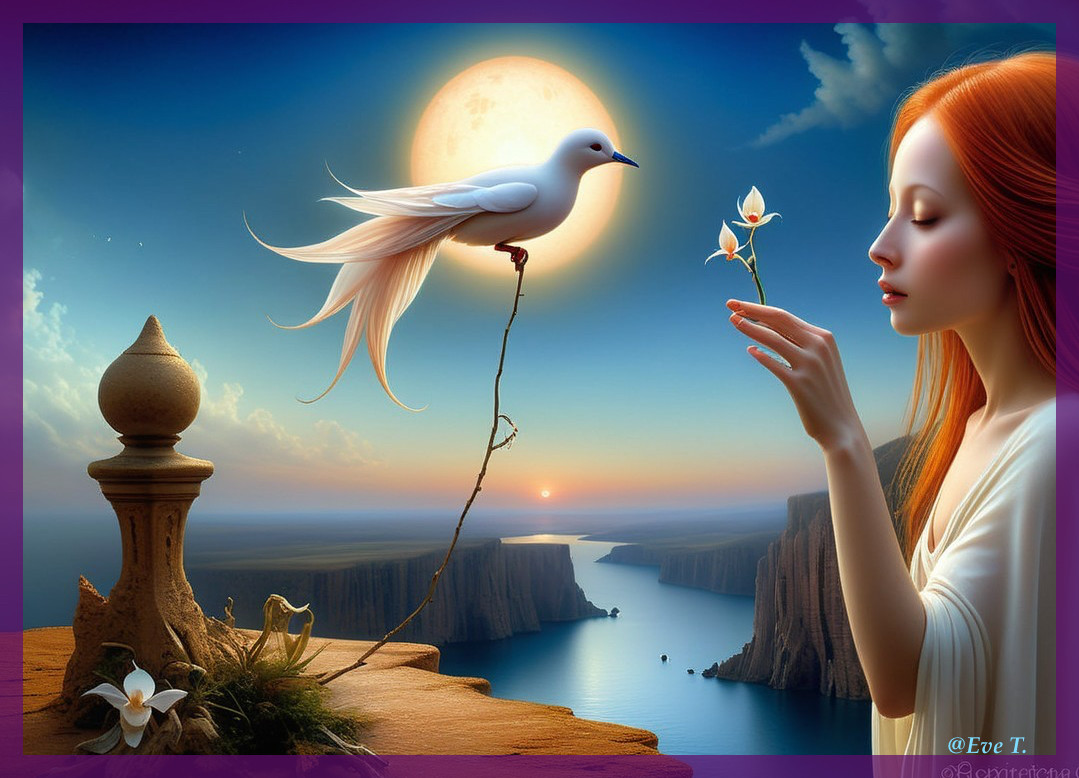 Surreal Landscape with Woman, Bird, and Moonlight
