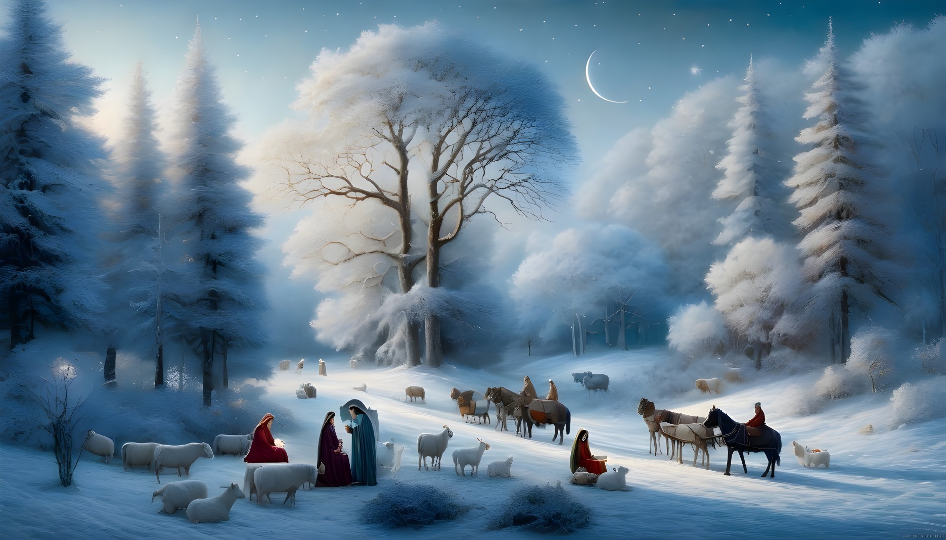 Snow-covered trees and crescent moon in serene winter night scene