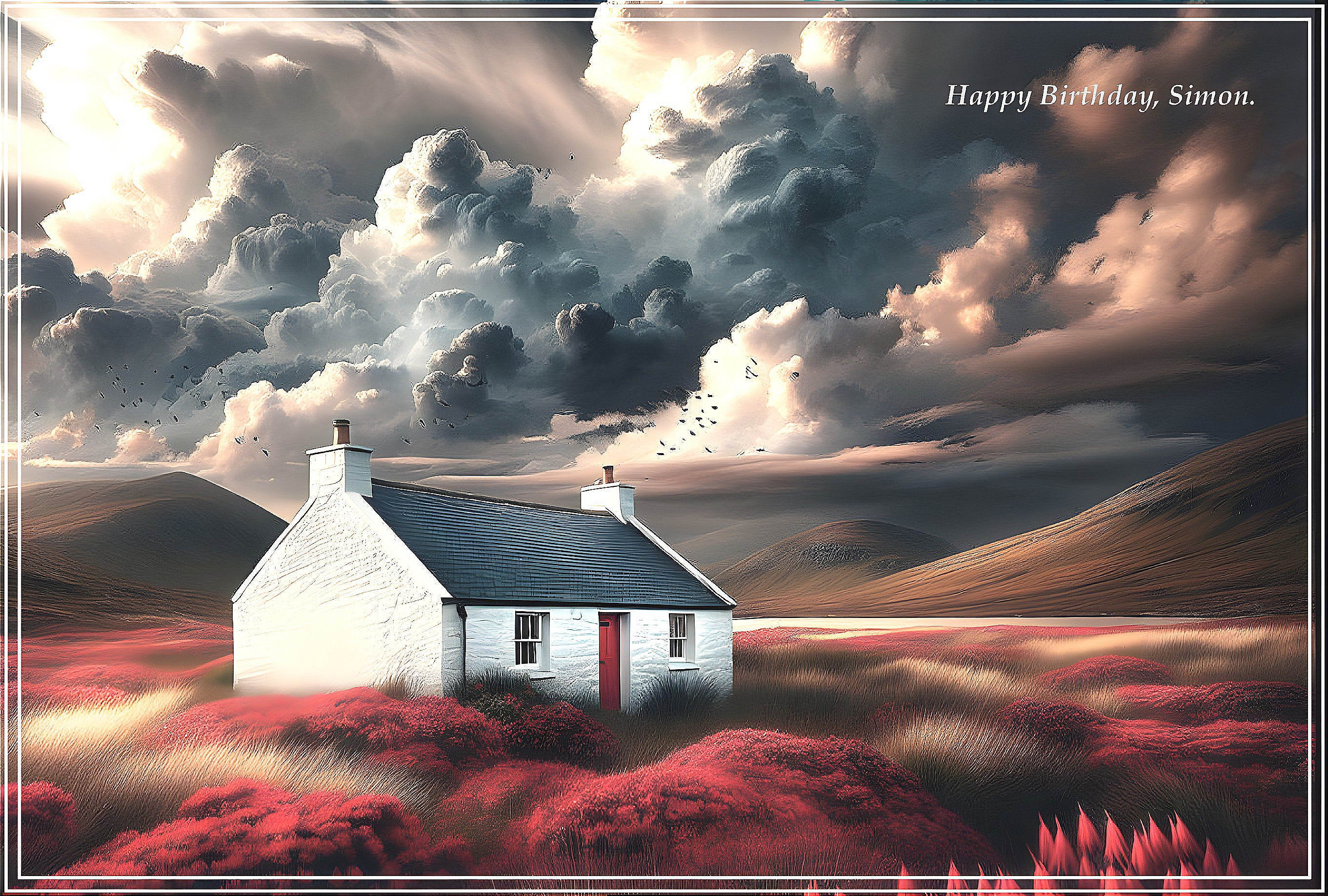 Quaint Cottage Surrounded by Red Flowers and Clouds