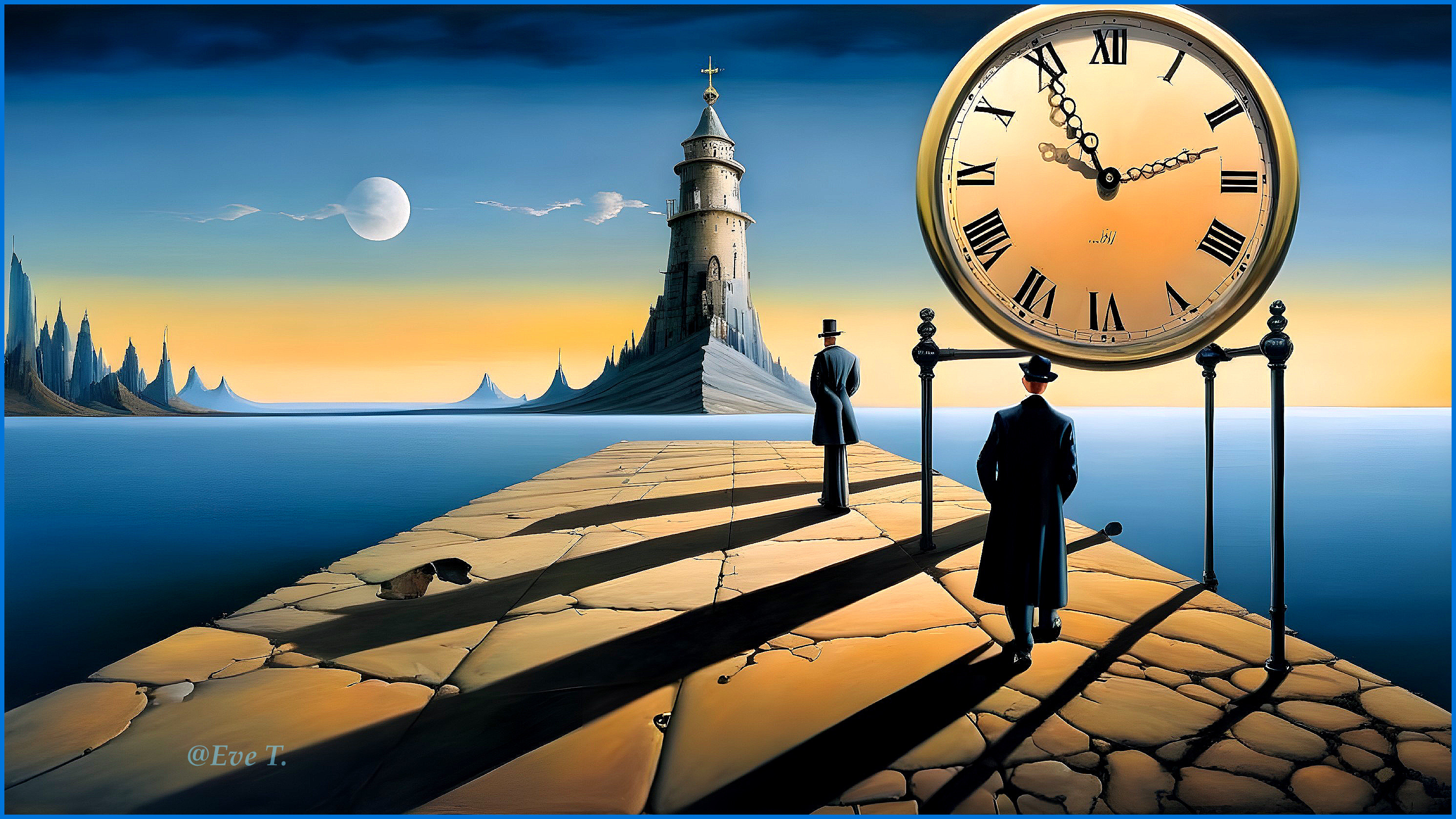 Surreal Landscape with Lighthouse and Clock Elements