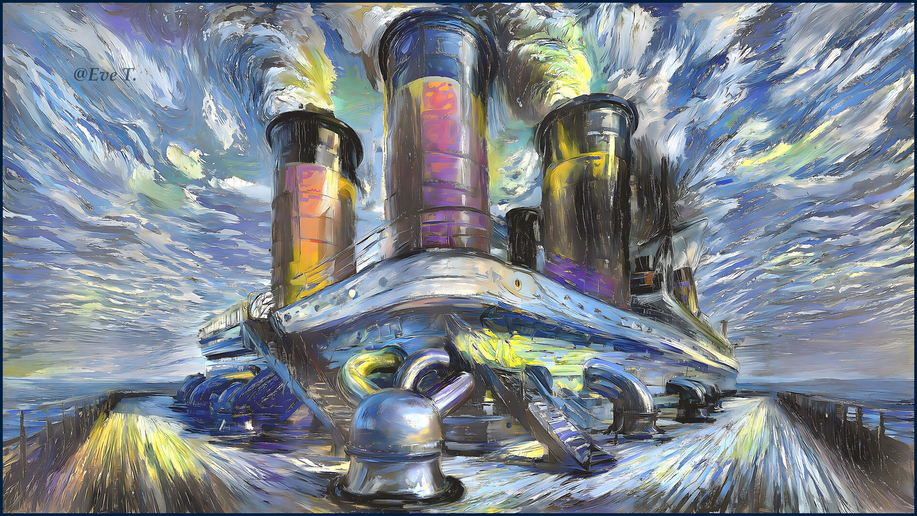 Surreal Artwork of Ship with Colorful Smoke and Sky