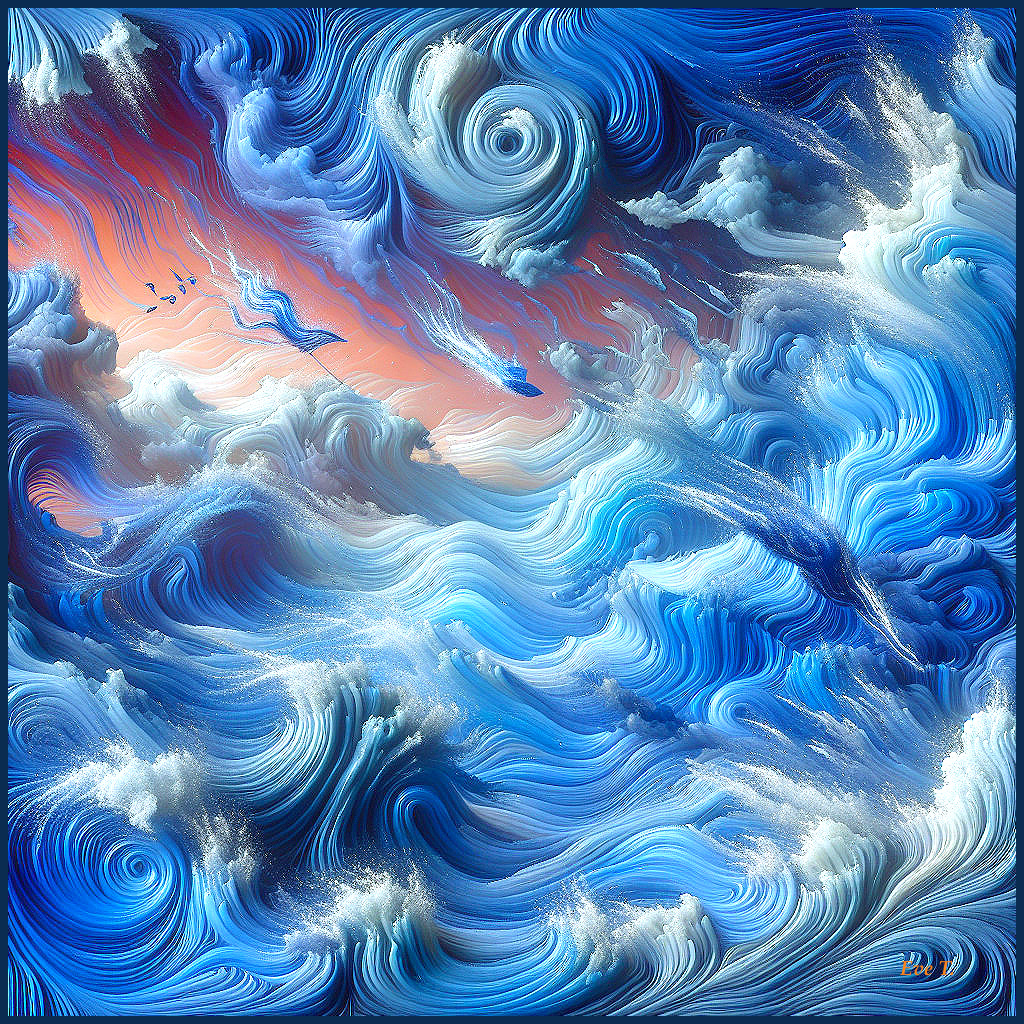 Abstract Ocean Waves in Blue and Sunset Hues