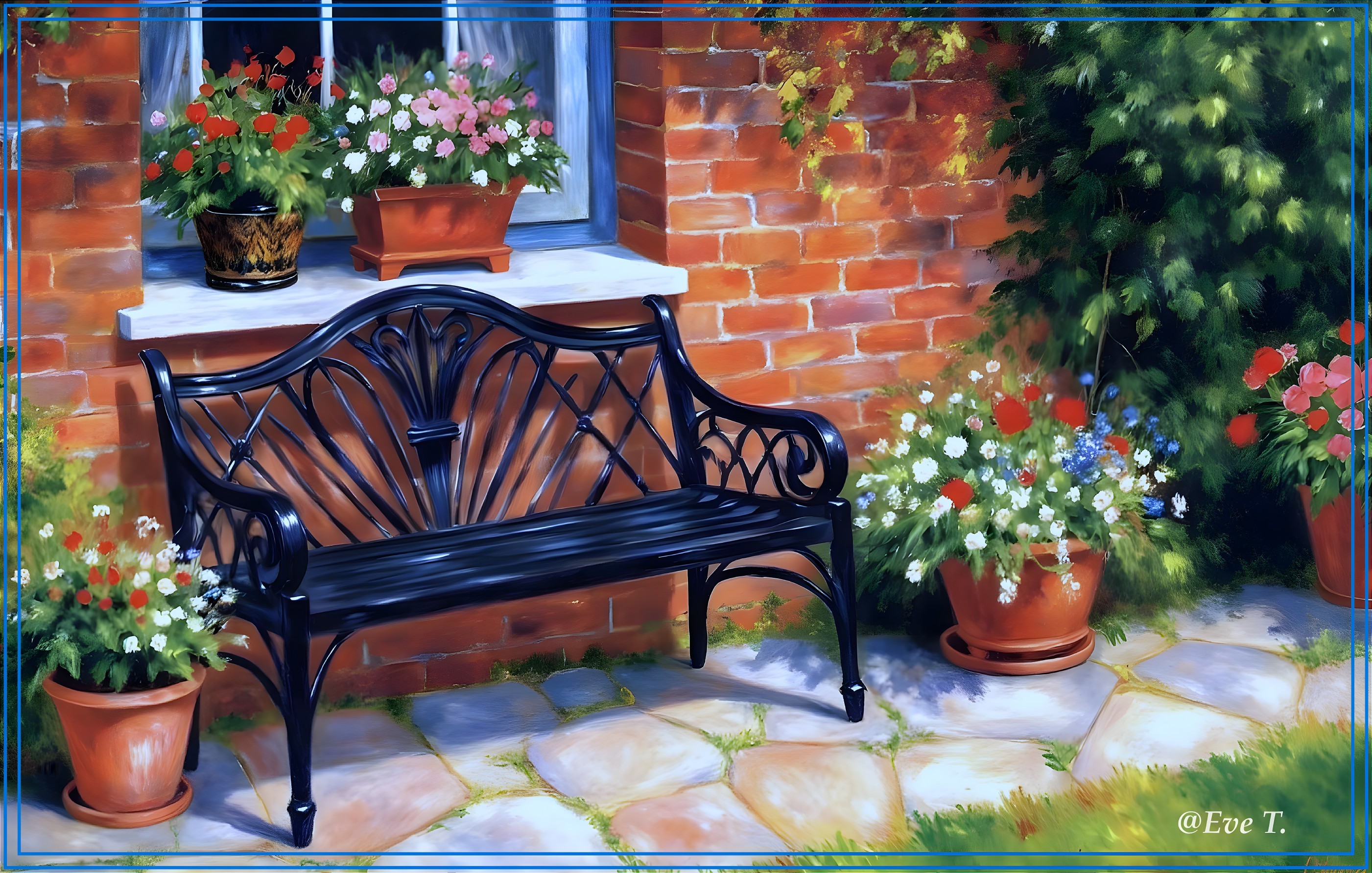 Charming Garden Scene with Wrought-Iron Bench and Flowers