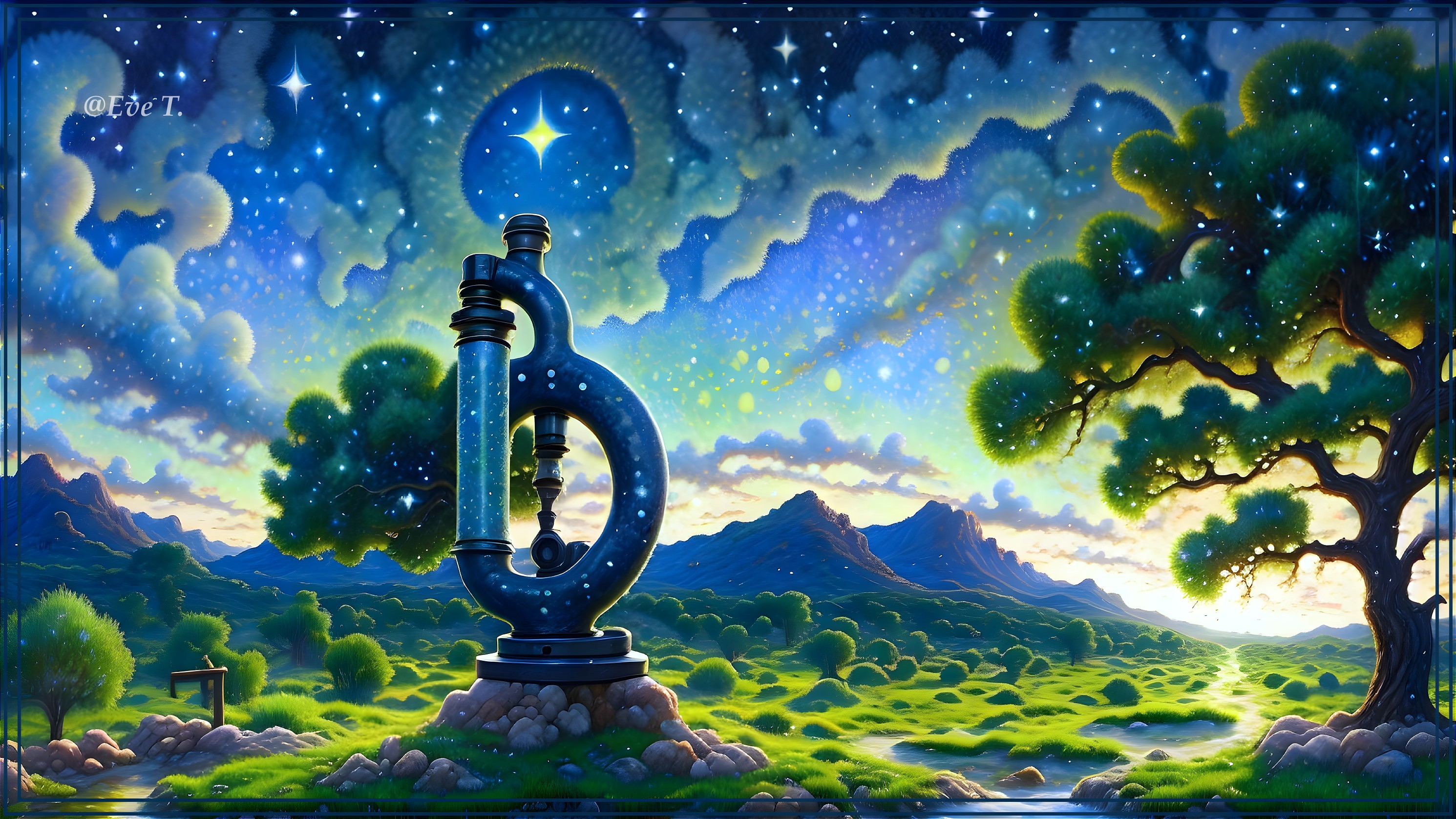 Whimsical Landscape with Ornate Microscope and Twilight Sky