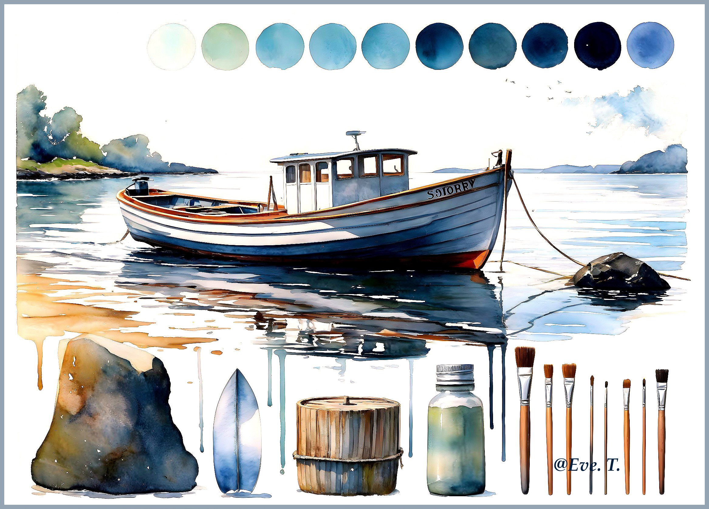 Tranquil Watercolor Scene with Boat and Greenery