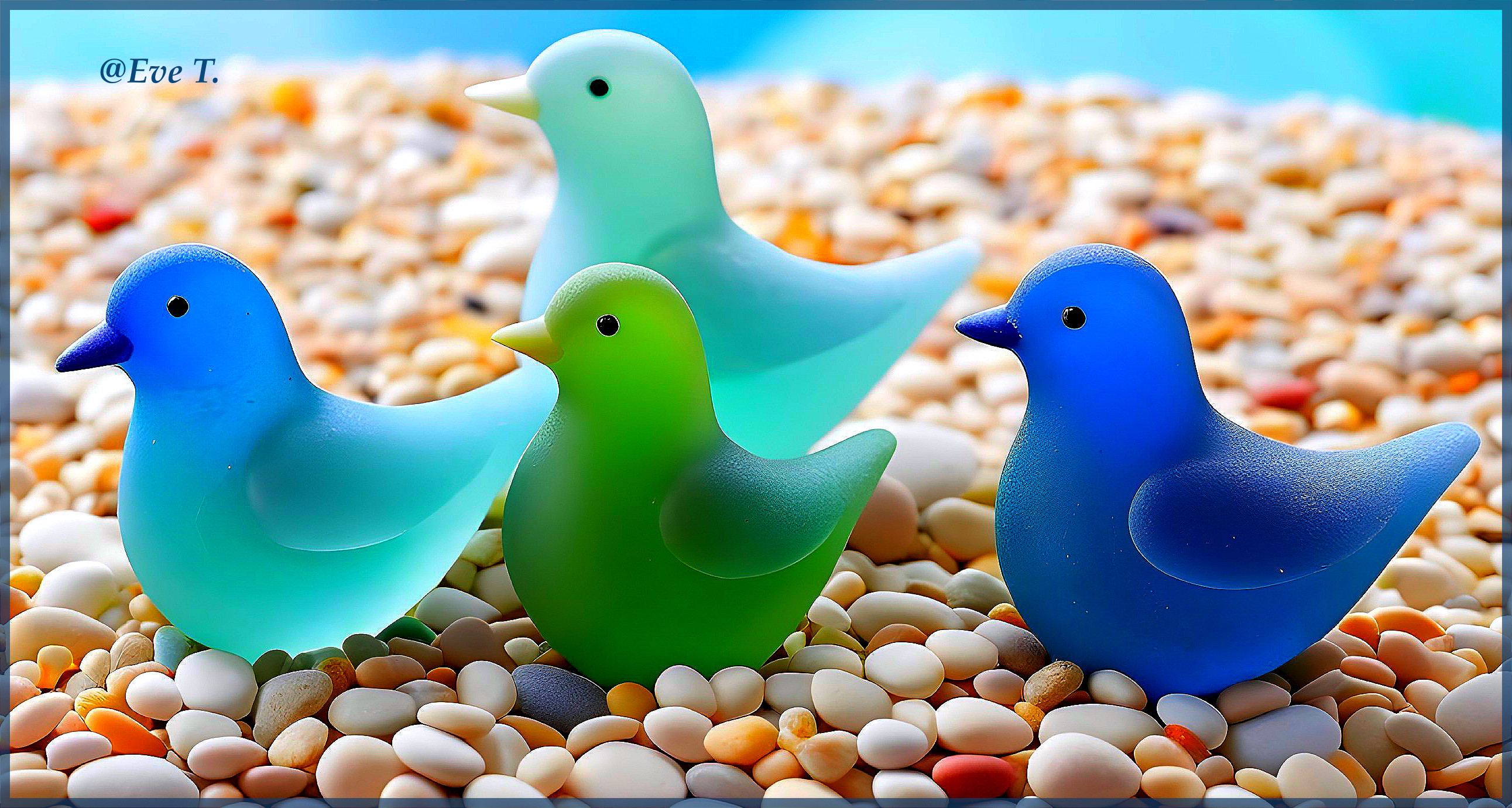 Colorful Translucent Birds on Pebbles Background