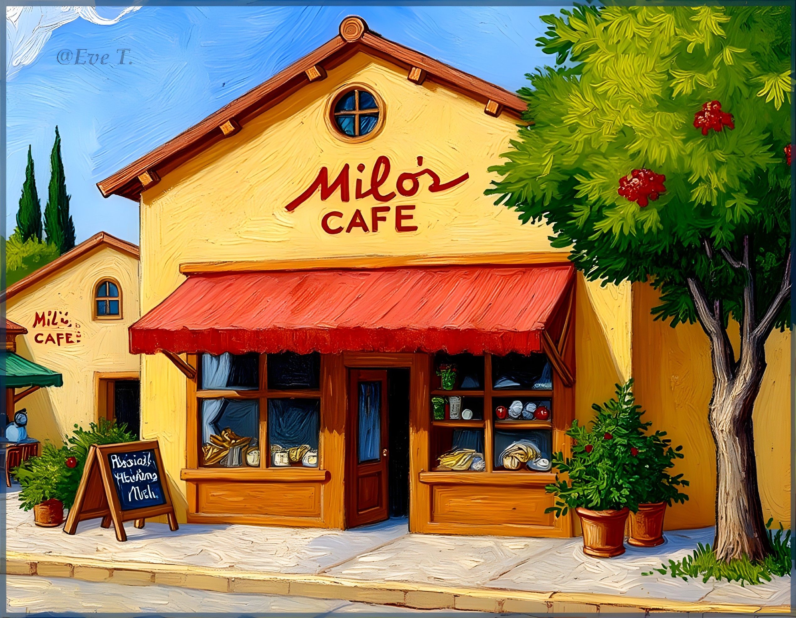 Charming Yellow Café with Red Awning and Baked Goods