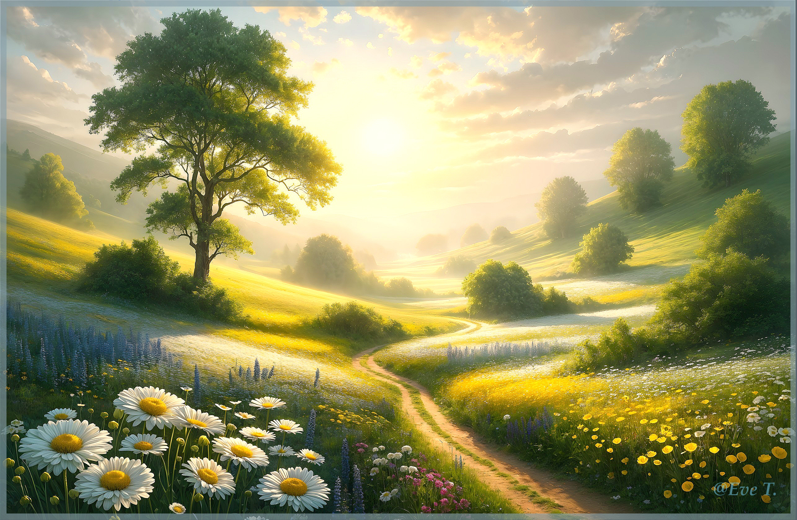 Serene Dawn Landscape with Wildflowers and Rolling Hills