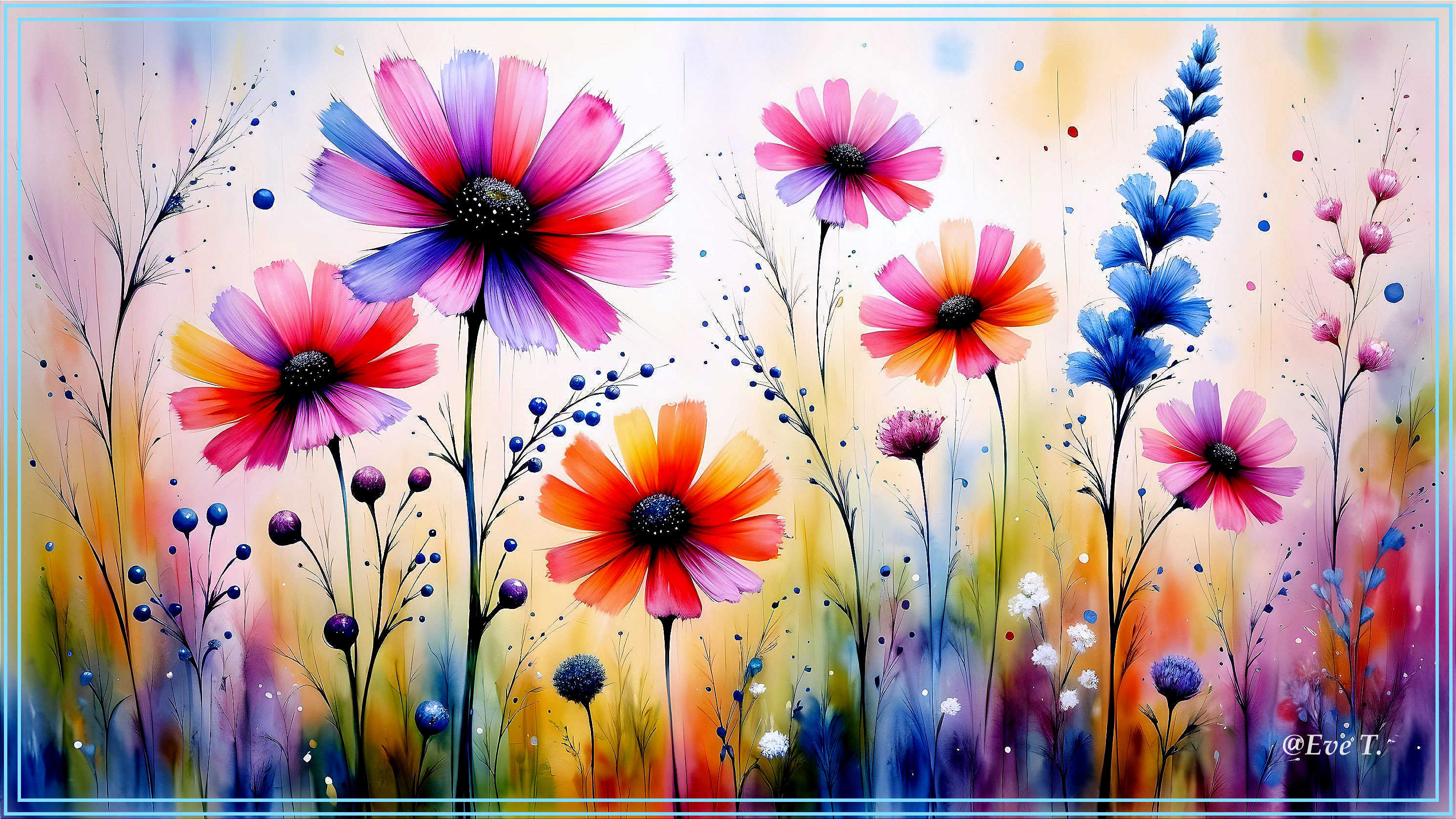 Vibrant Painting of Colorful Flowers in a Breeze