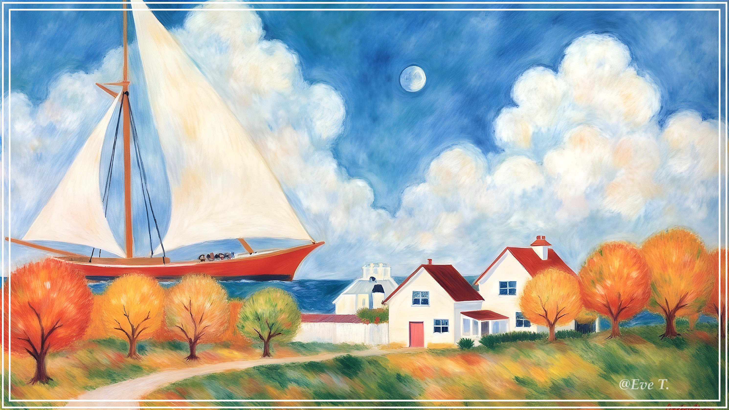 Vibrant Painting of Sailboat and Coastal Village Scene