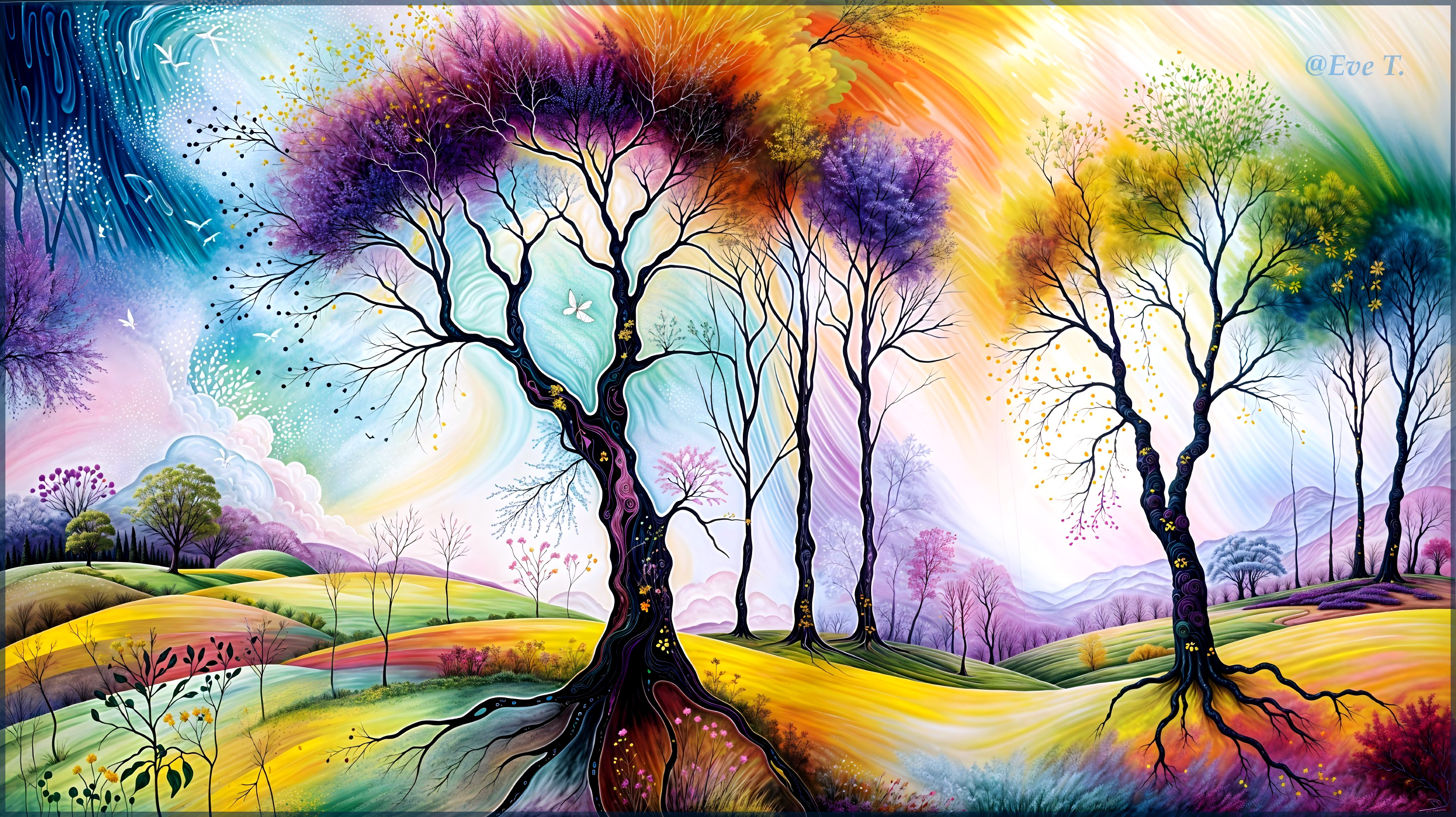 Vibrant Landscape with Colorful Trees and Dreamlike Sky