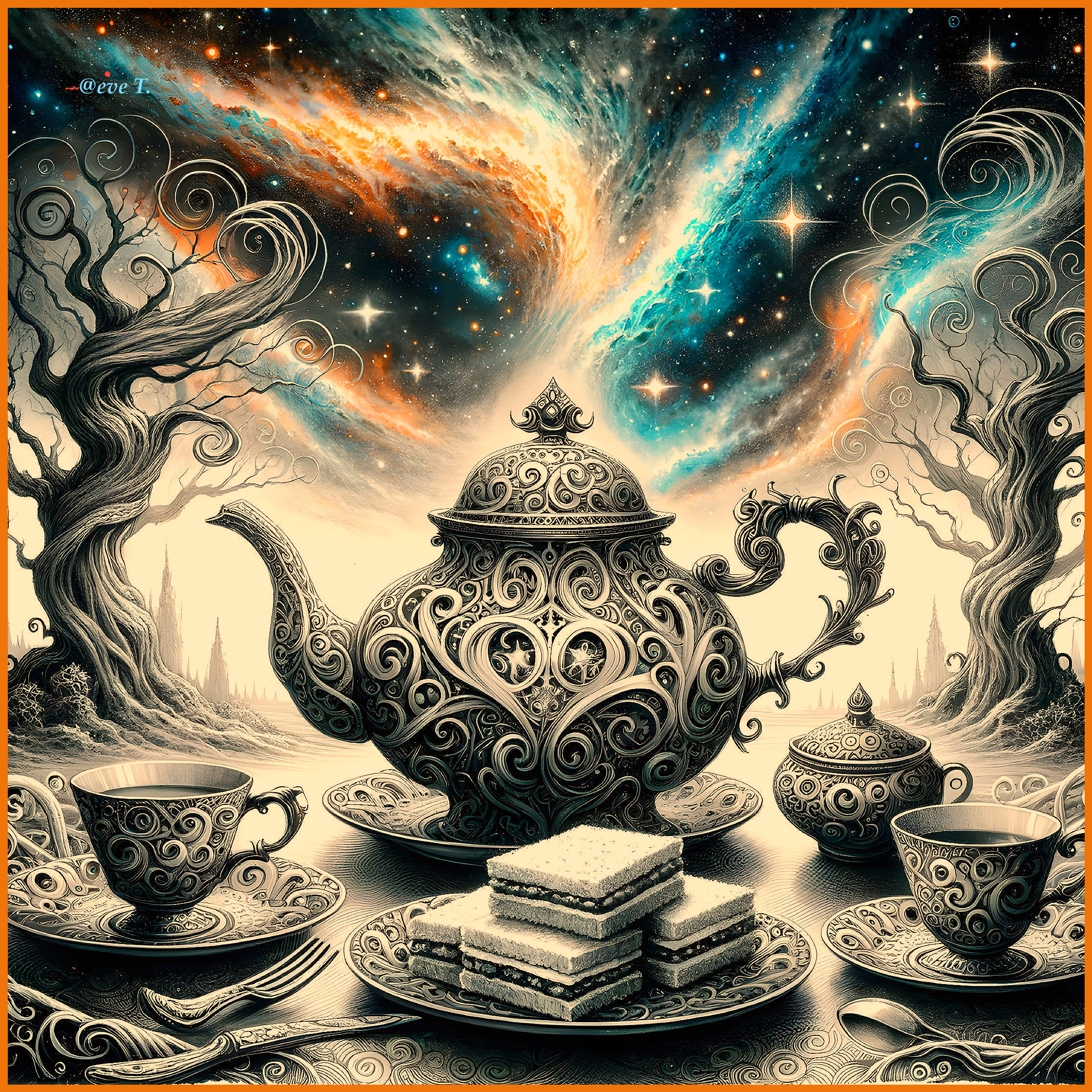 Whimsical tea set with cosmic background elements