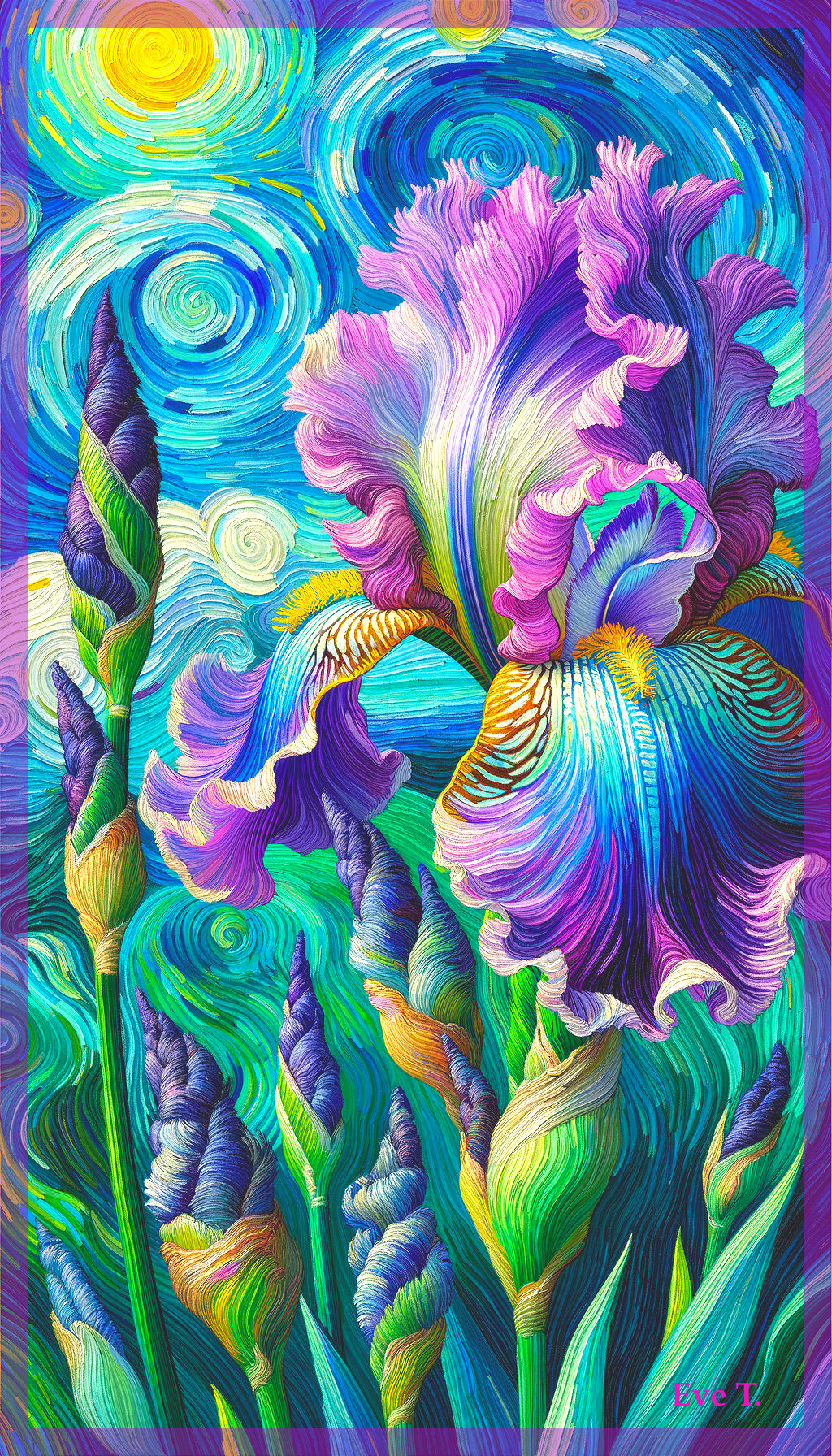 Vibrant Iris Flower Artwork with Swirling Colors