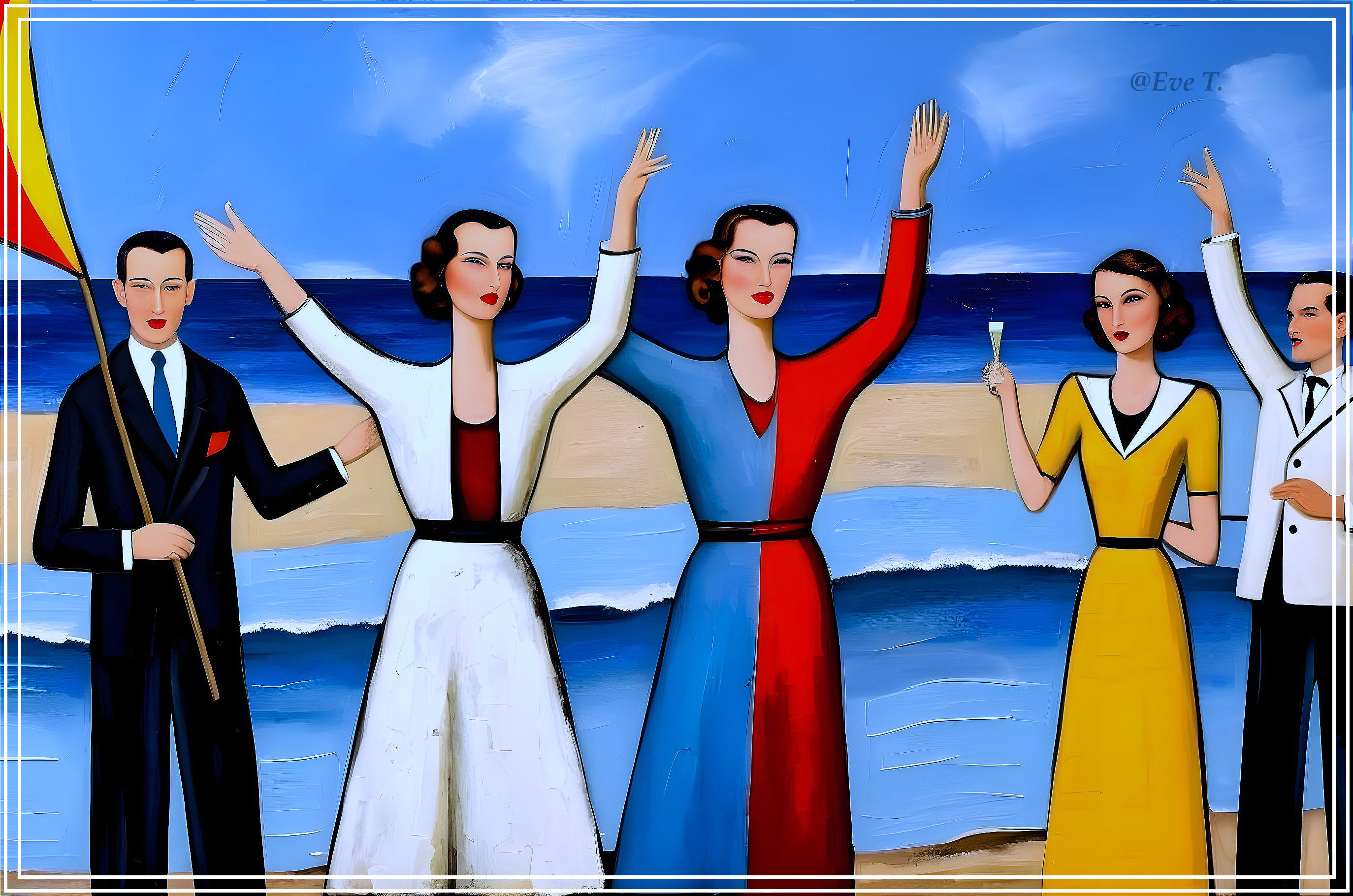 Beach Scene with Four Figures and Vibrant Ocean