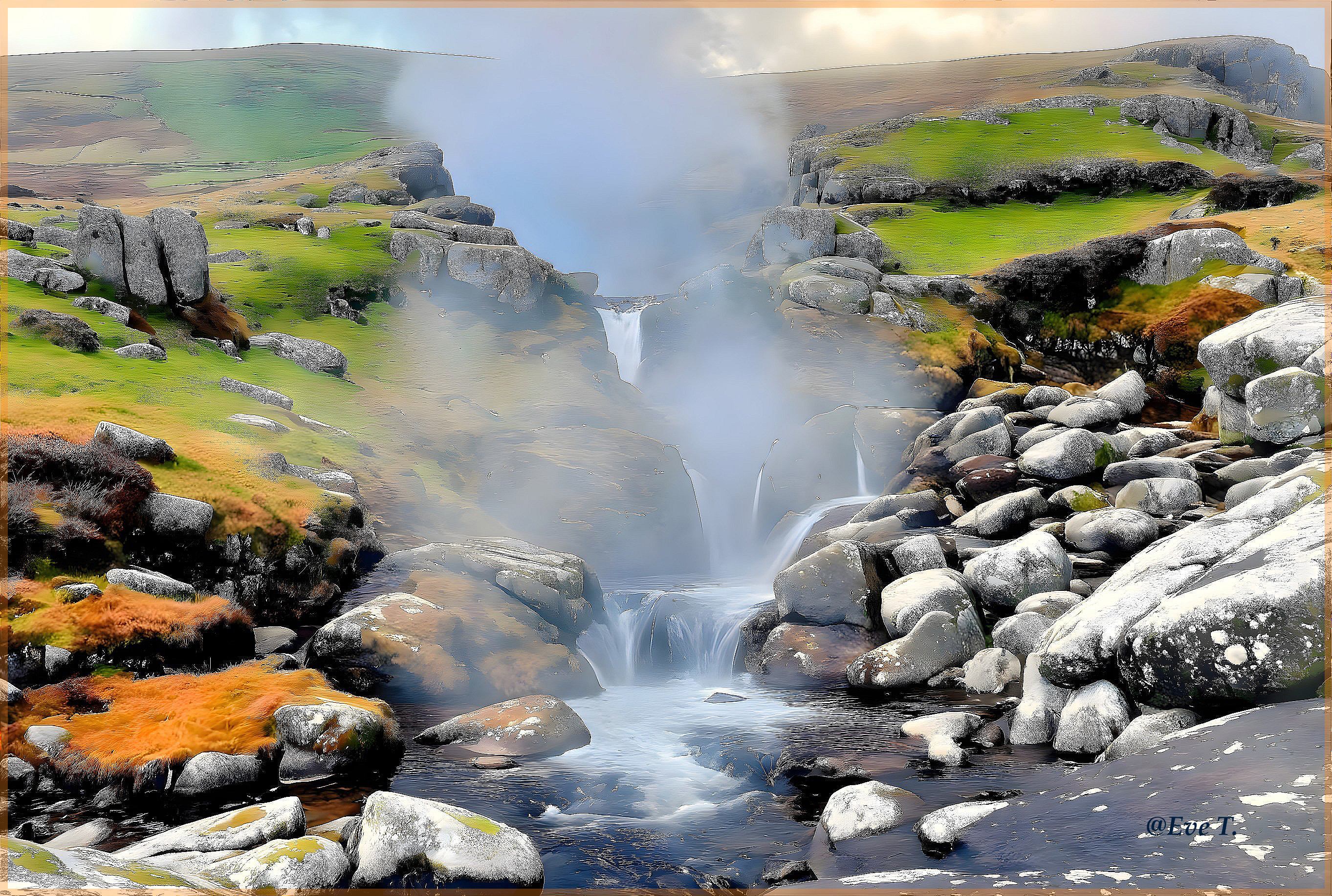 Cascading Waterfall in Rugged Stone Landscape