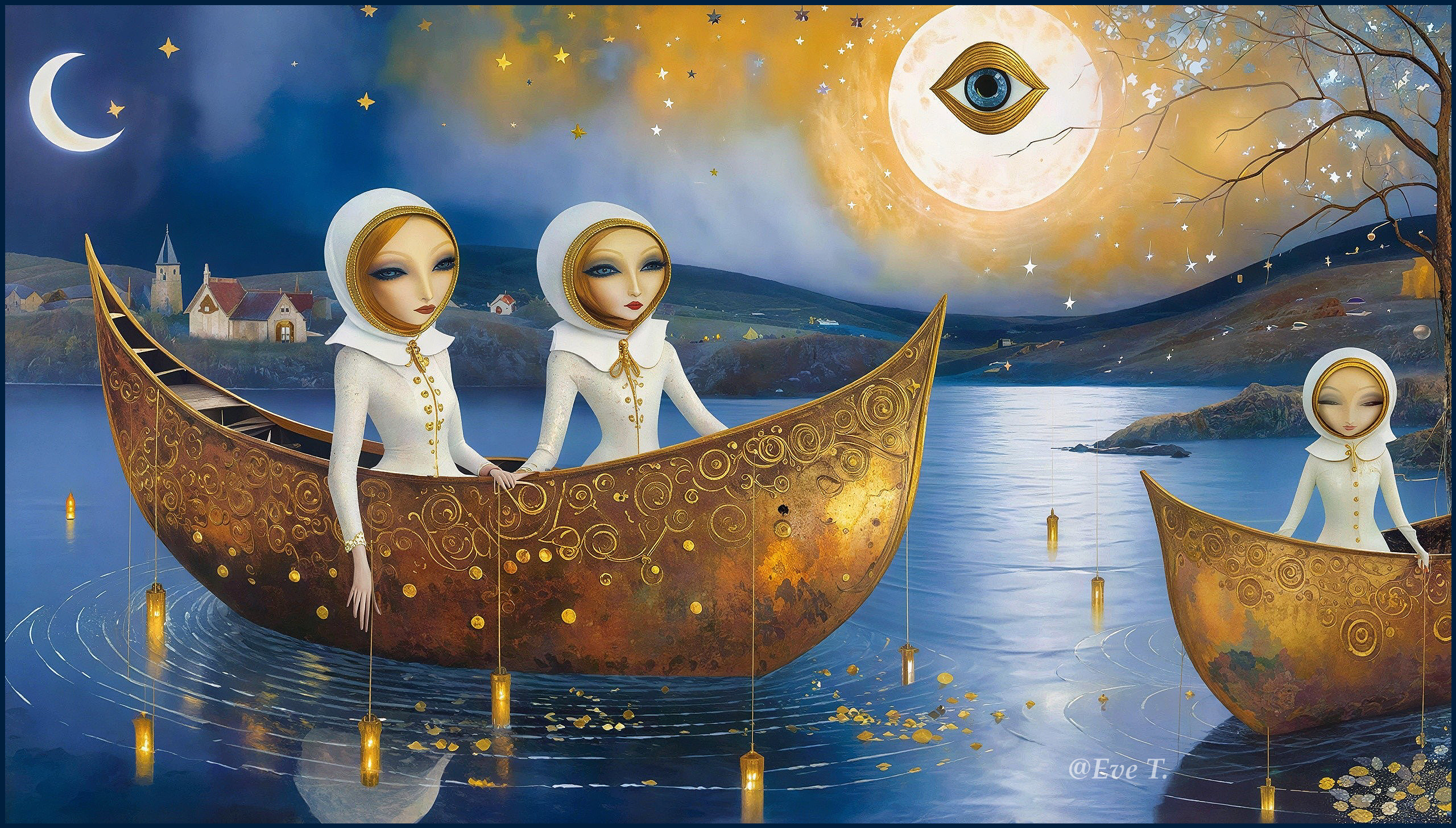 Dreamy Illustration of Figures in Golden Boats at Night