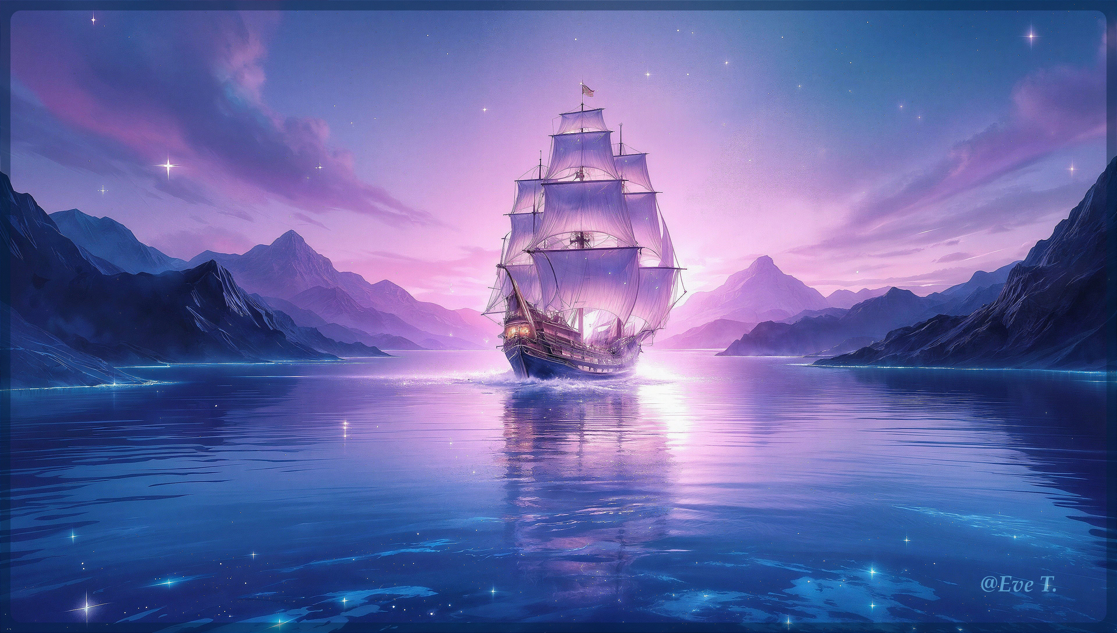 Tall Ship Sailing on a Twilight Sea with Mountains