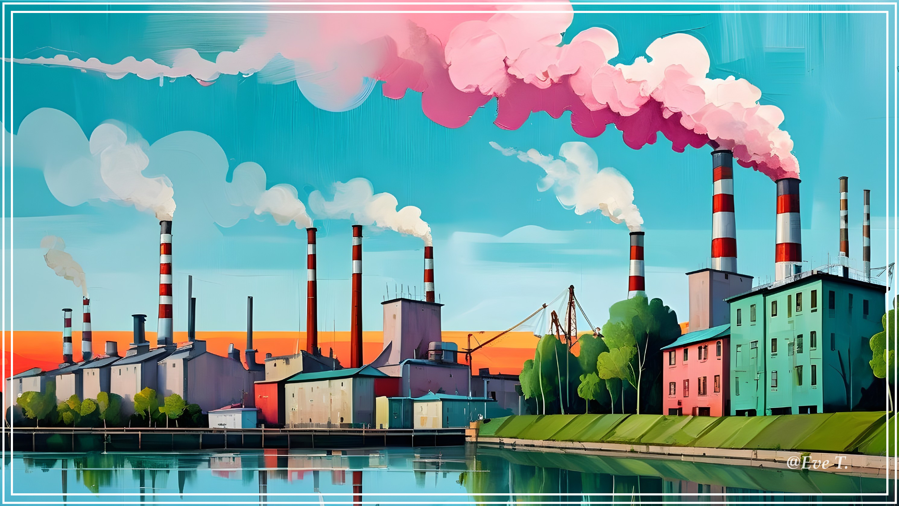 Vibrant Industrial Scene by Calm Waterway at Sunset