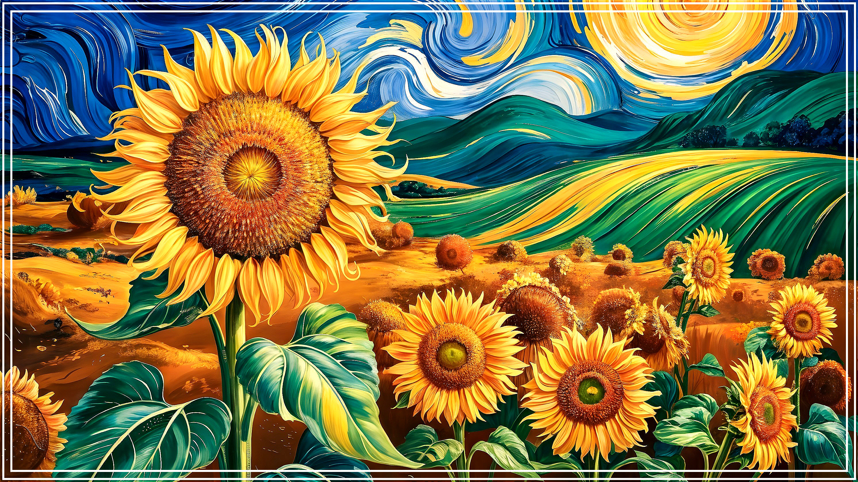 Vibrant Landscape with Oversized Sunflowers and Hills