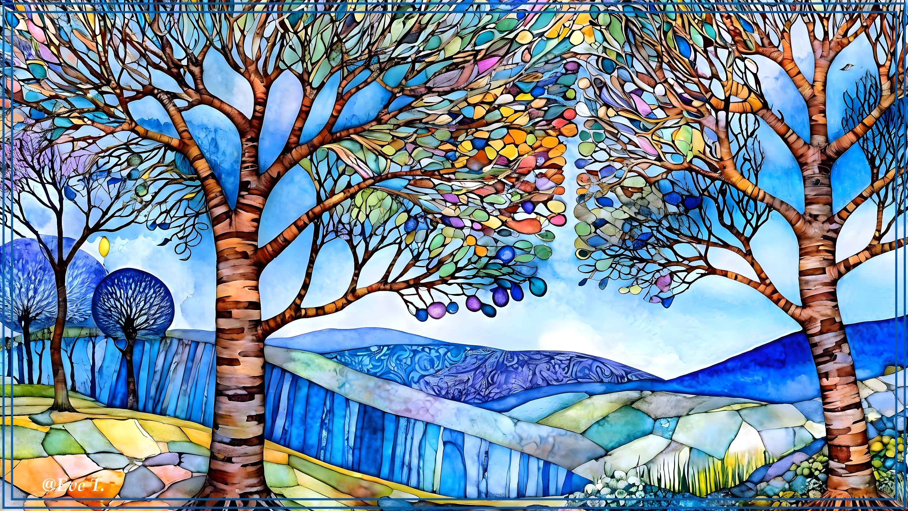 Vibrant Stained Glass Artwork of Trees and Landscape