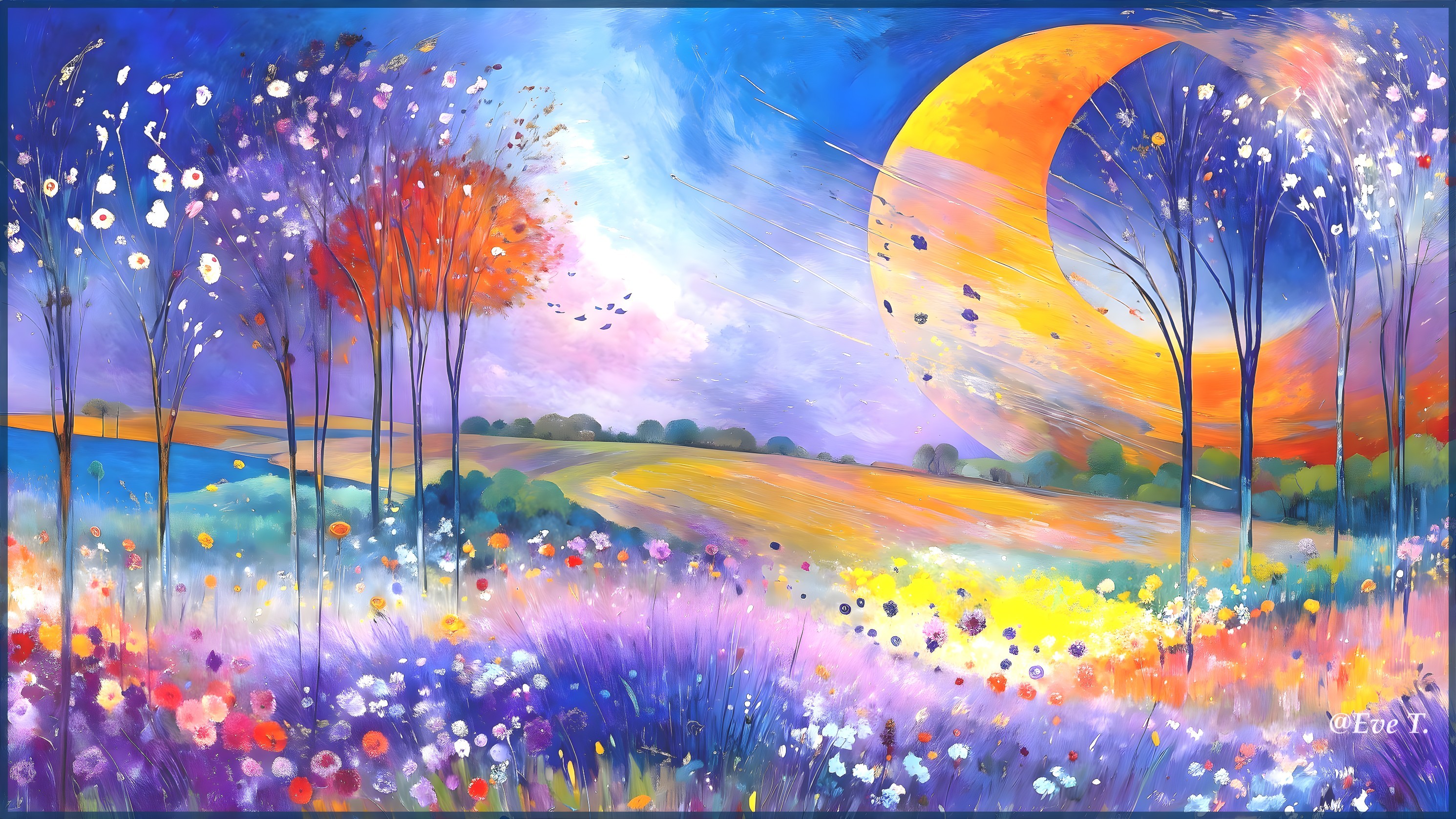 Vibrant Landscape with Colorful Flowers and Moon