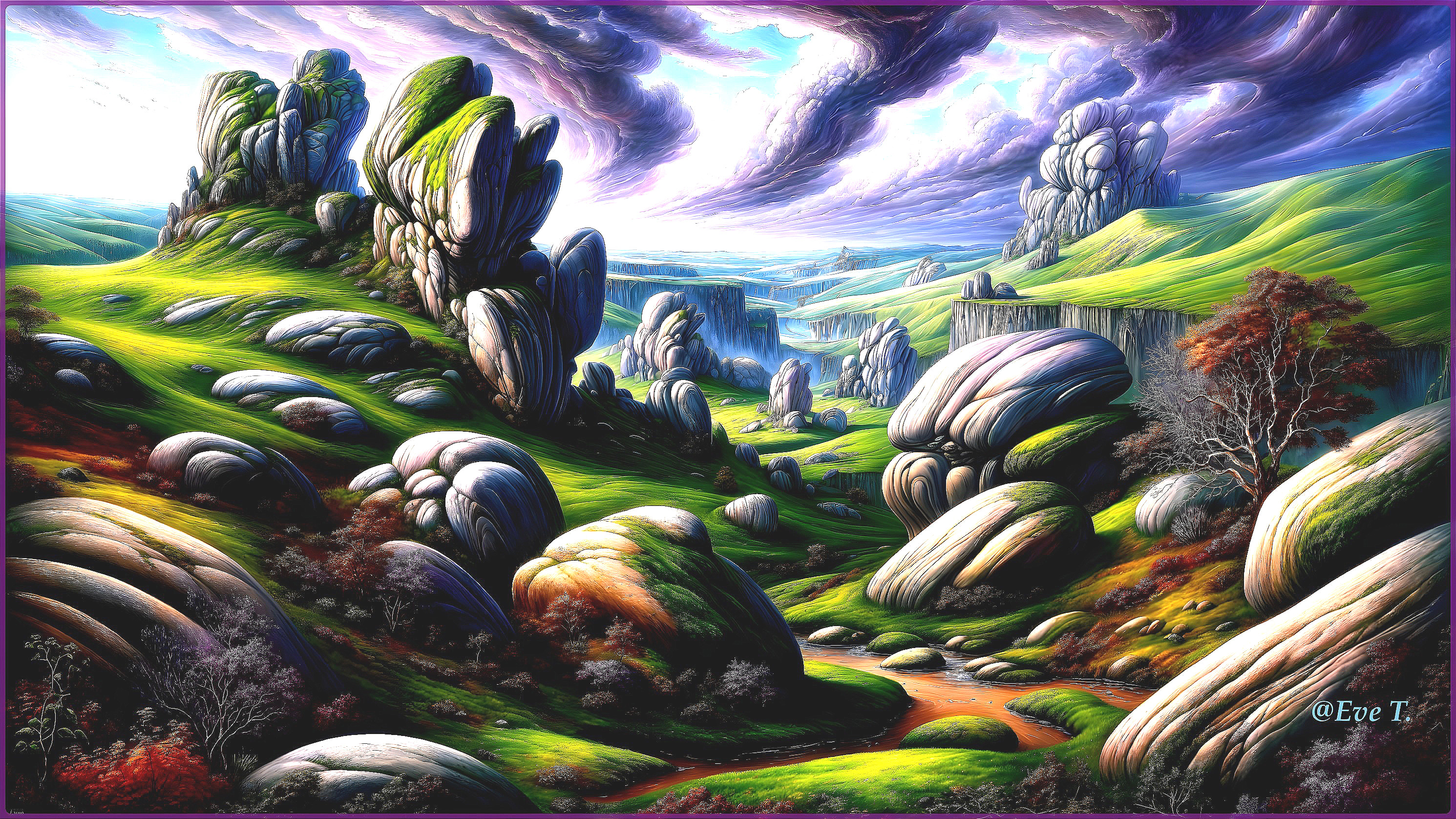 Vibrant Fantasy Landscape with Green Hills and Boulders