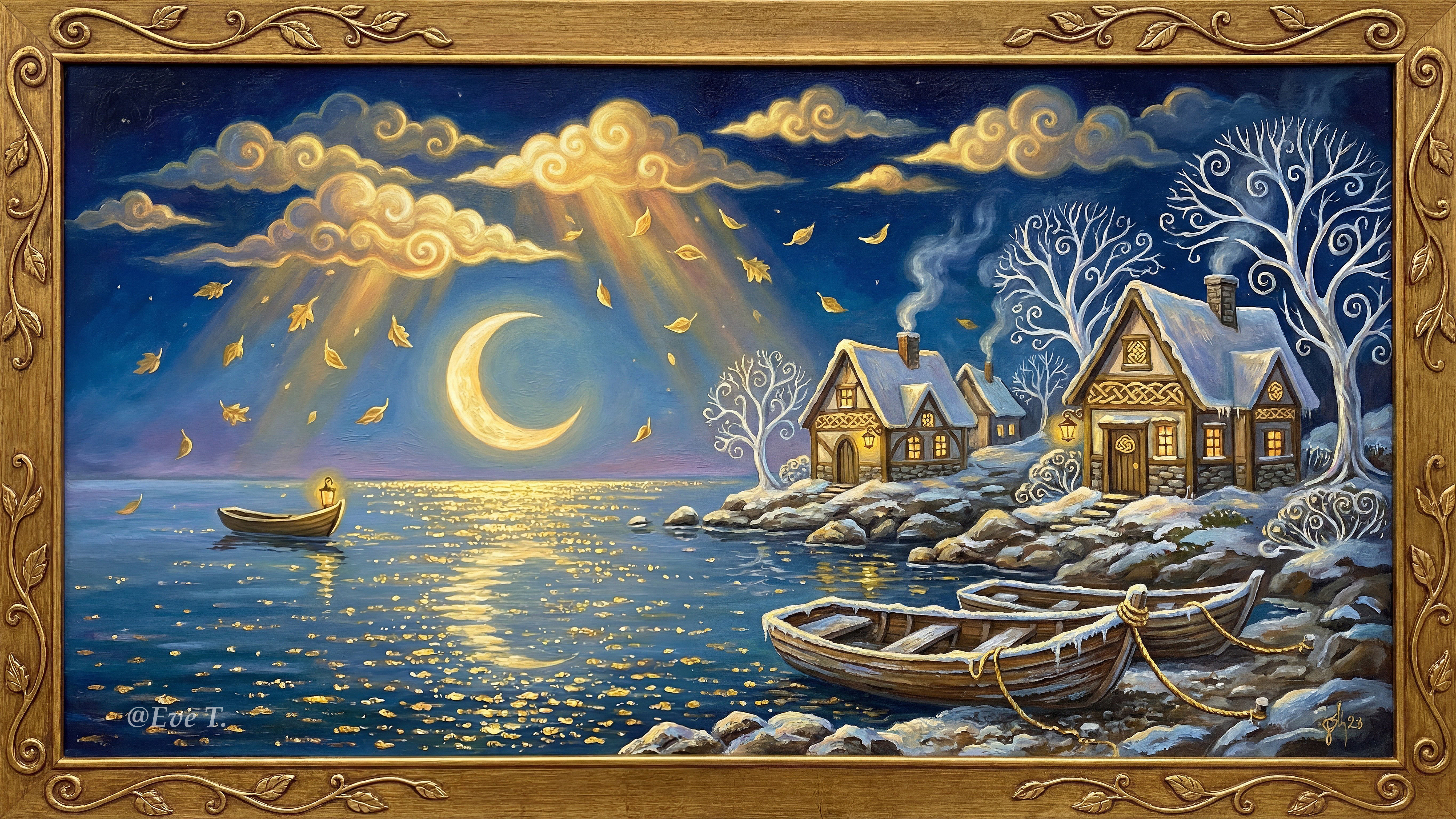 Magical Winter Night with Crescent Moon and Cottages
