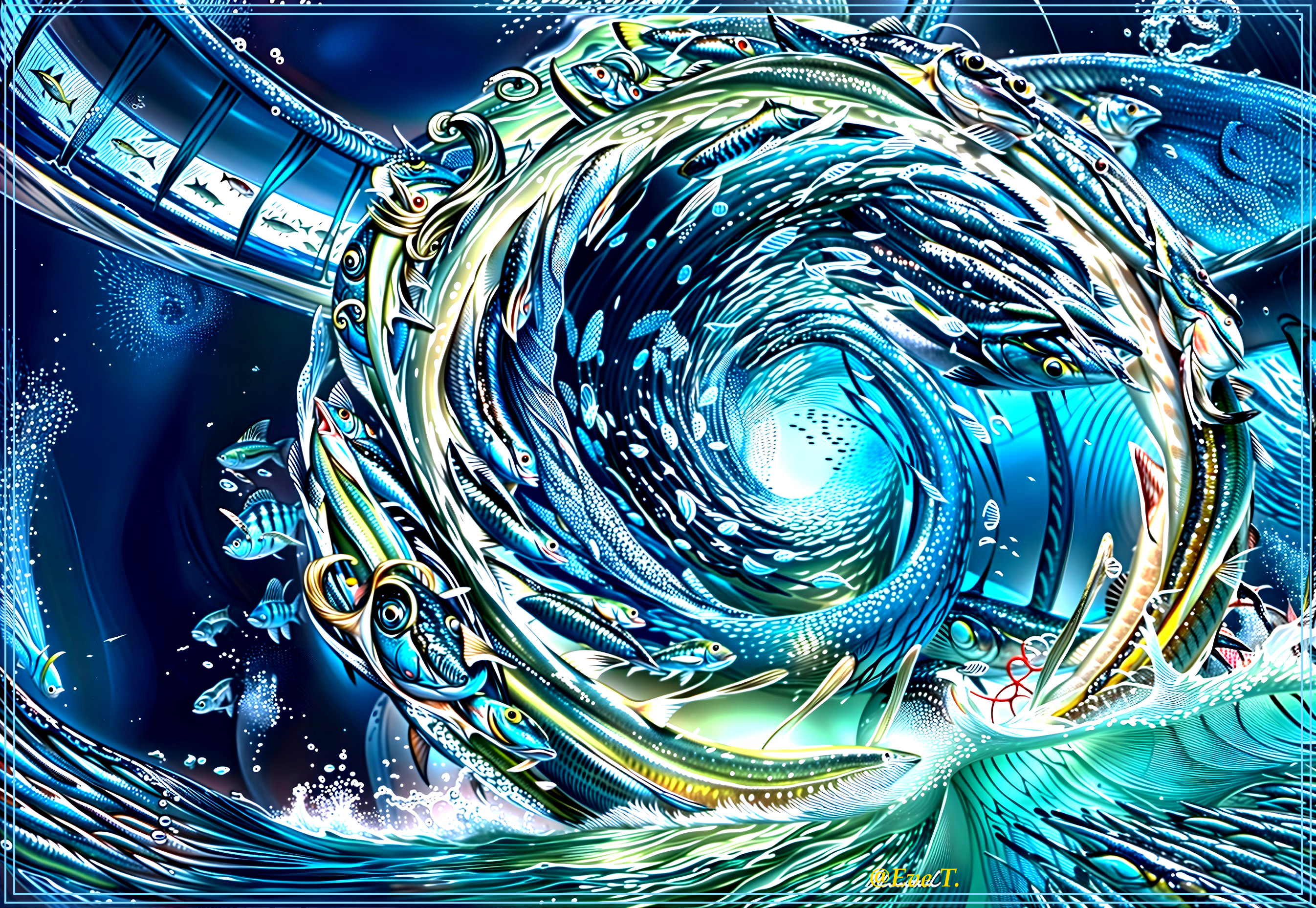 Vibrant Underwater Scene with Colorful Fish Vortex