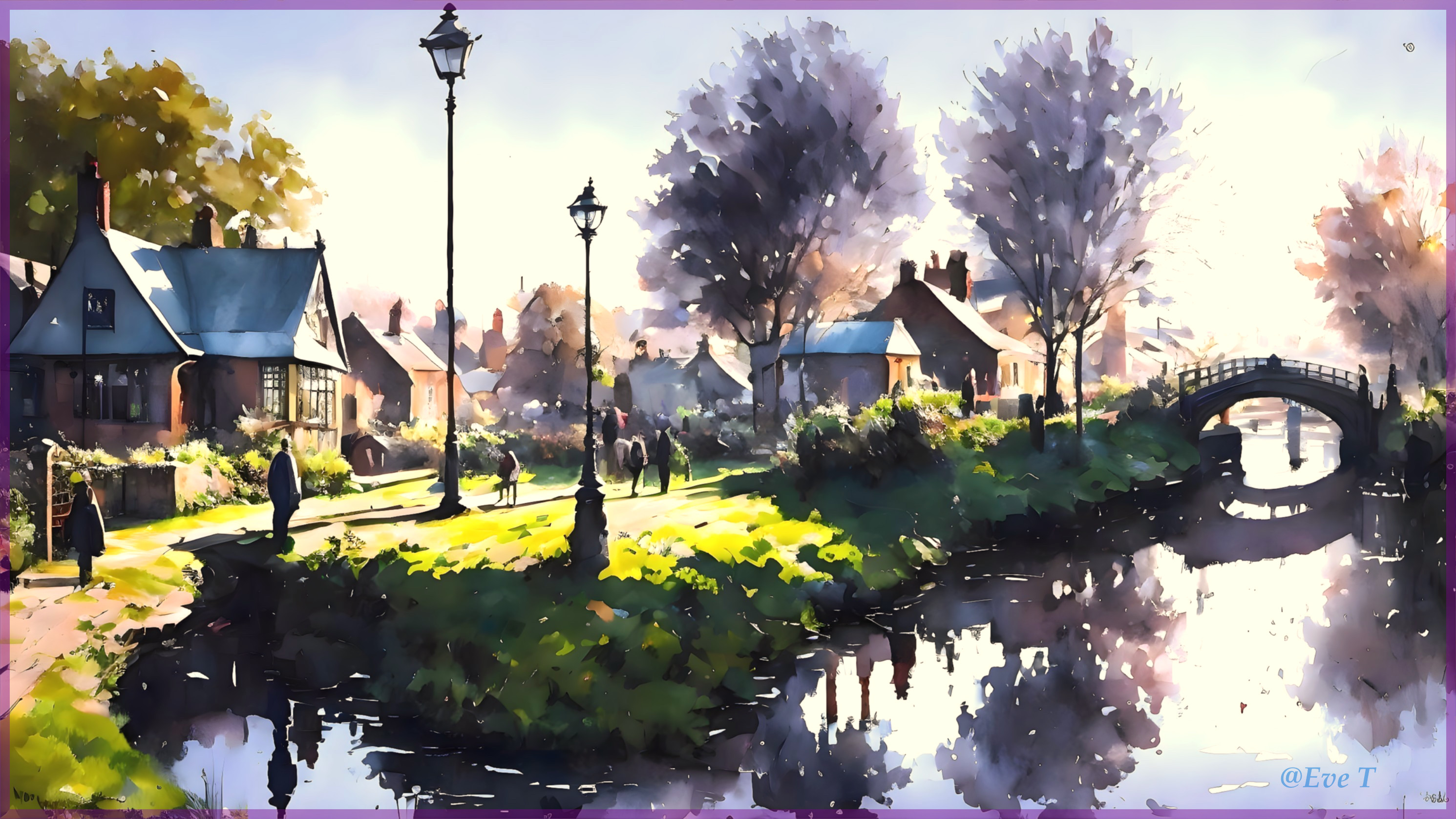 Serene Watercolor Landscape of a Riverside Scene