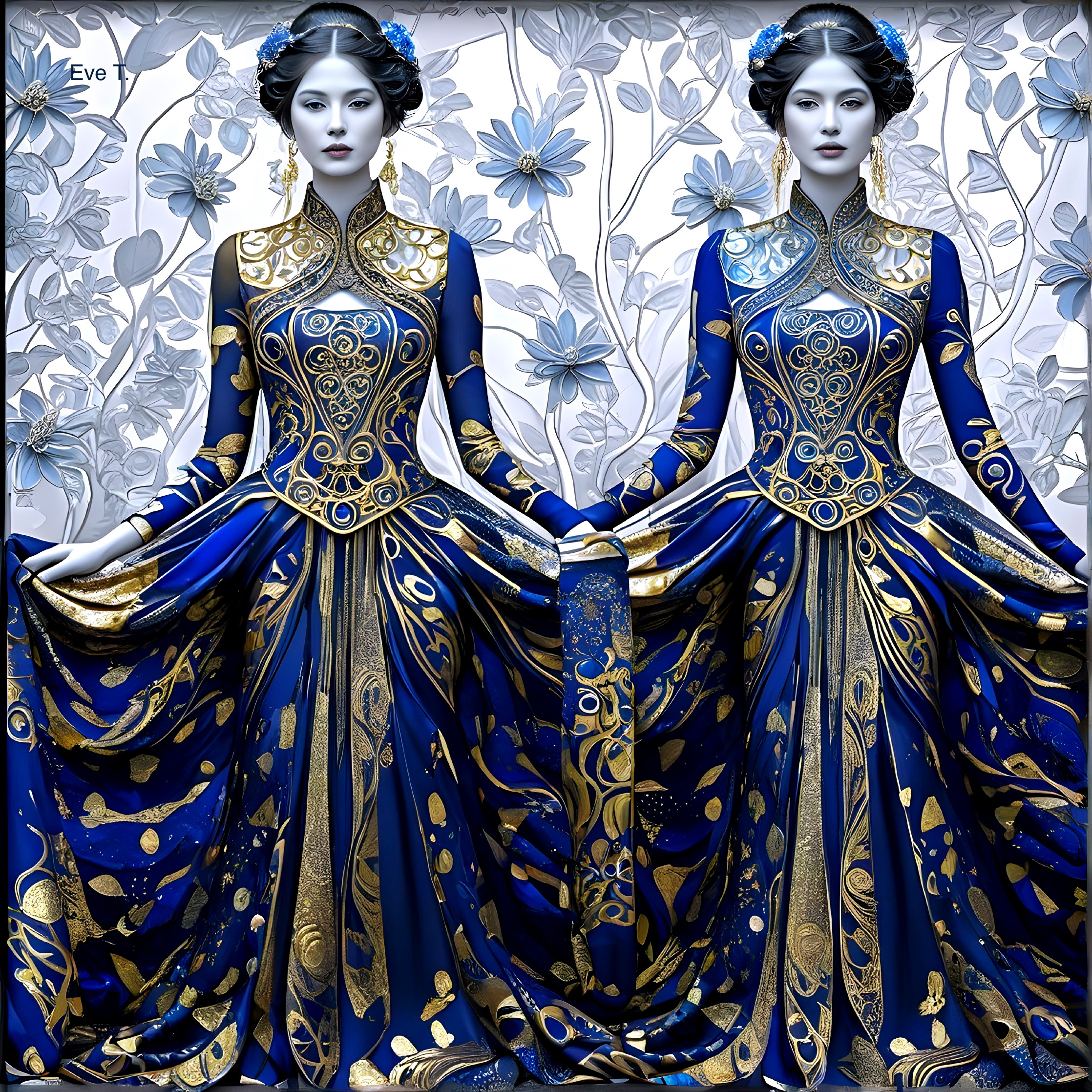 Identical Figures in Elegant Gowns Against Floral Backdrop