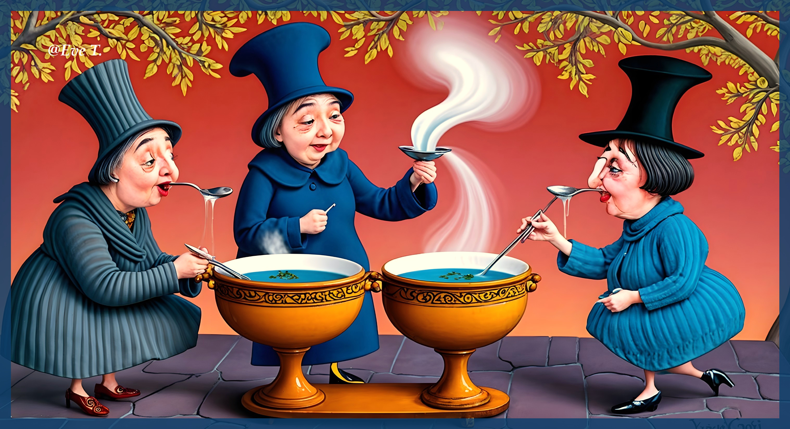 Whimsical Cartoon Figures Tasting Blue Concoction