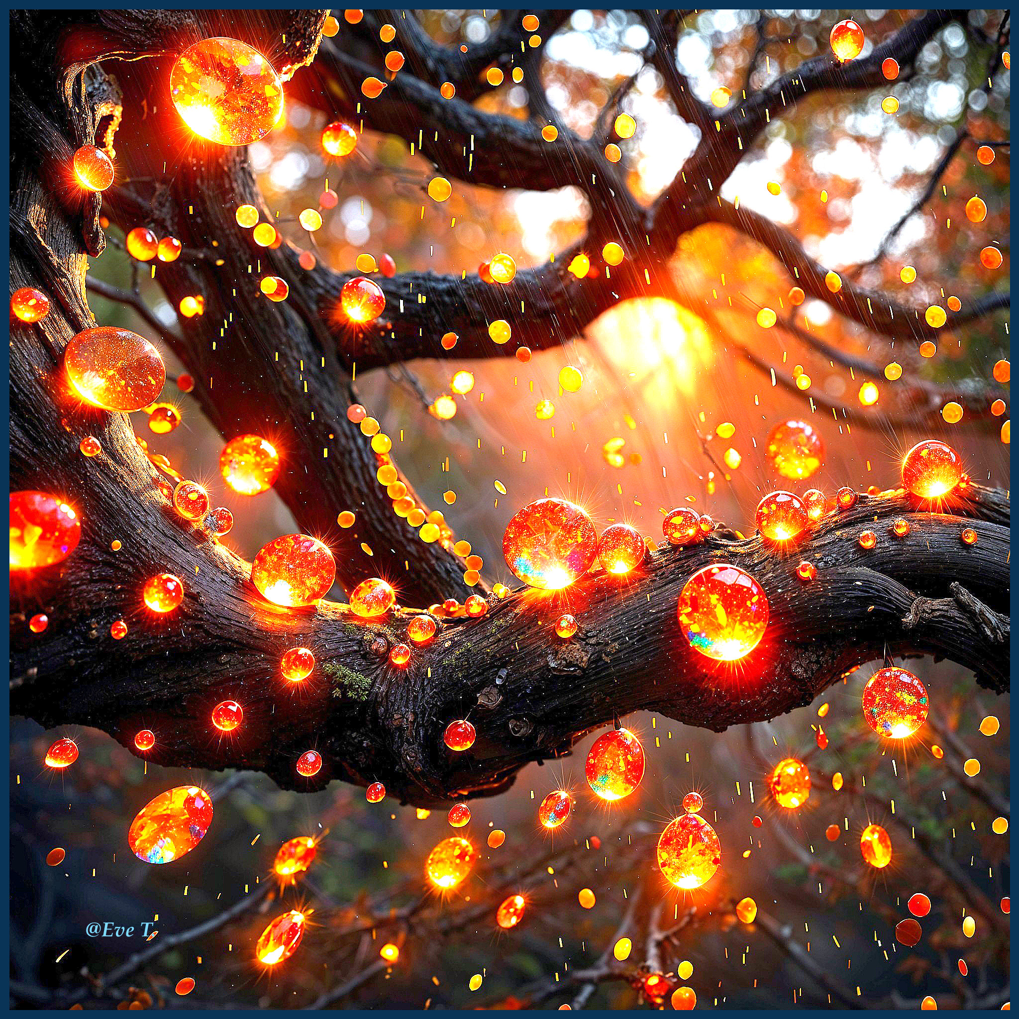 Mystical tree branch with glowing orbs in sunlight