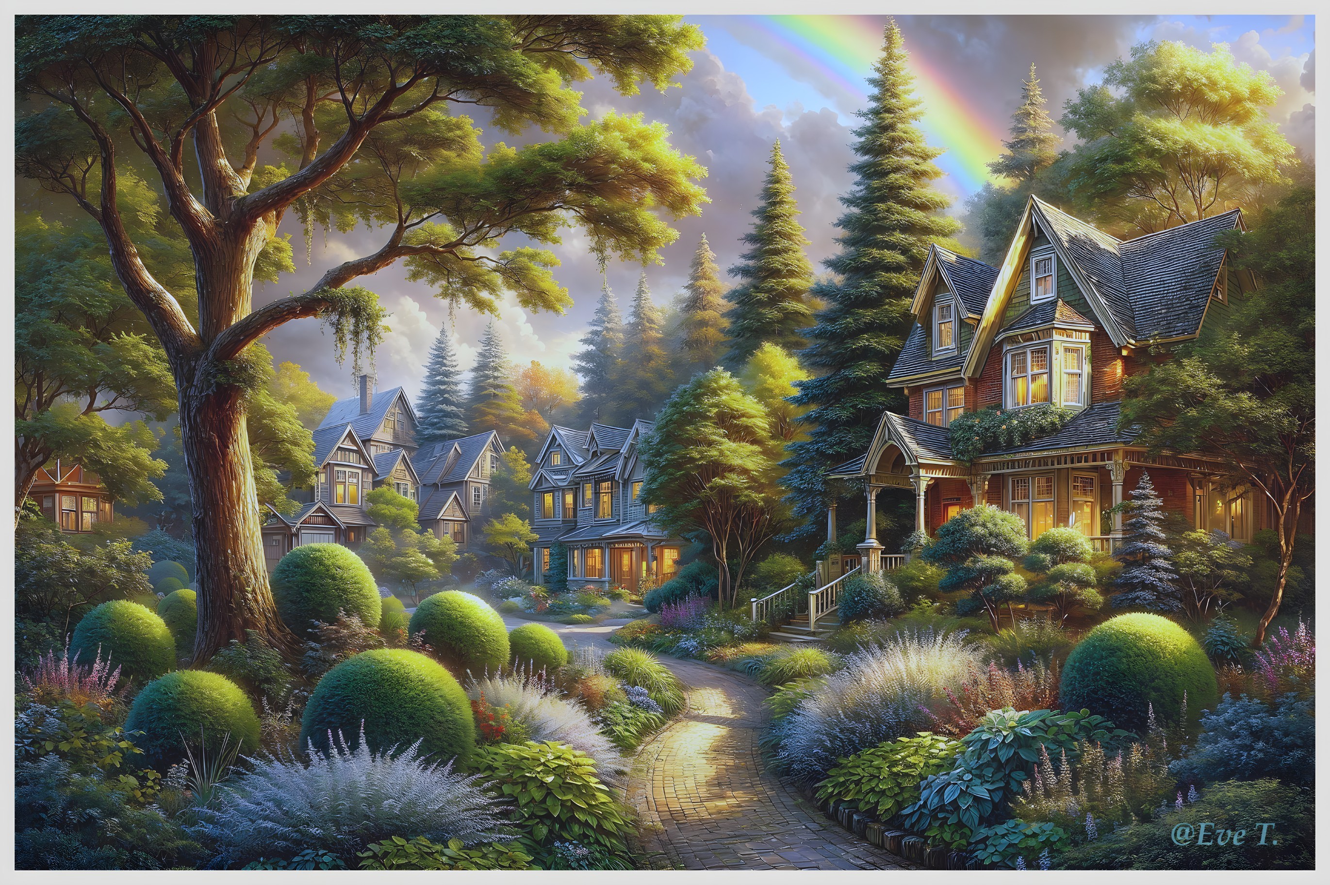 Charming Neighborhood with Lush Greenery and Rainbow