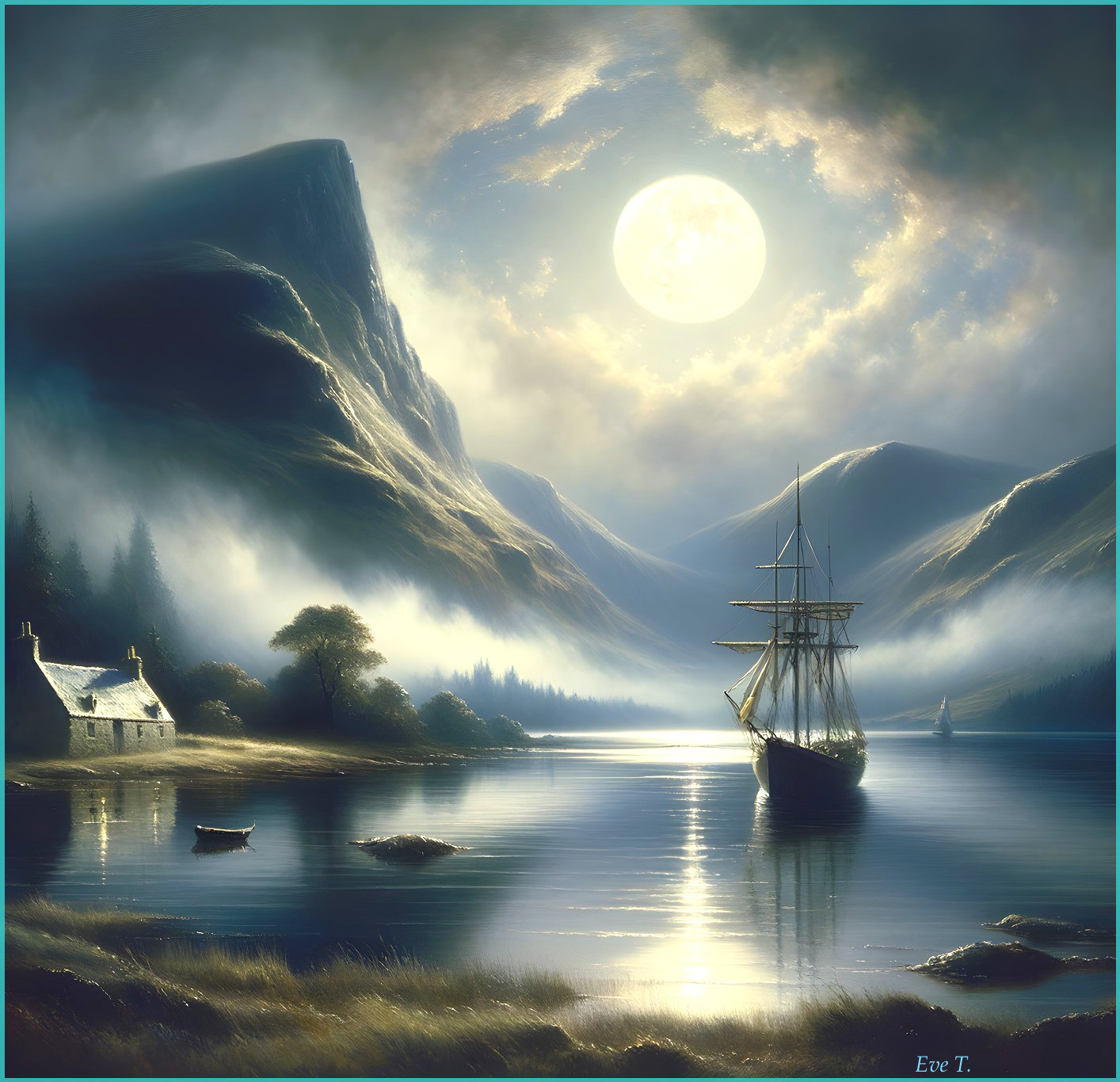 Twilight Landscape with Lake, Mountains, and Cottage