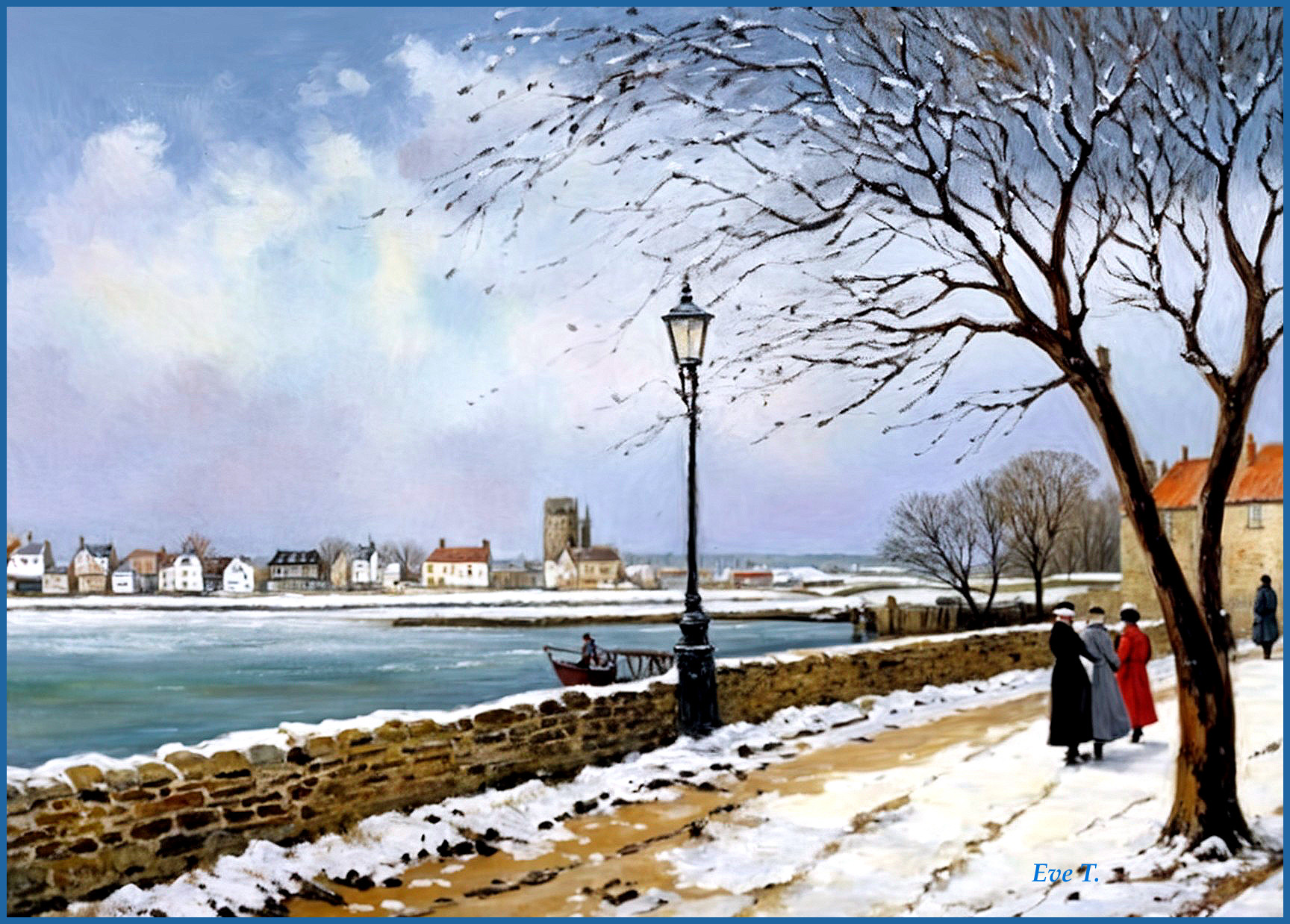 Winter Riverside Scene with Village and Snowy Trees