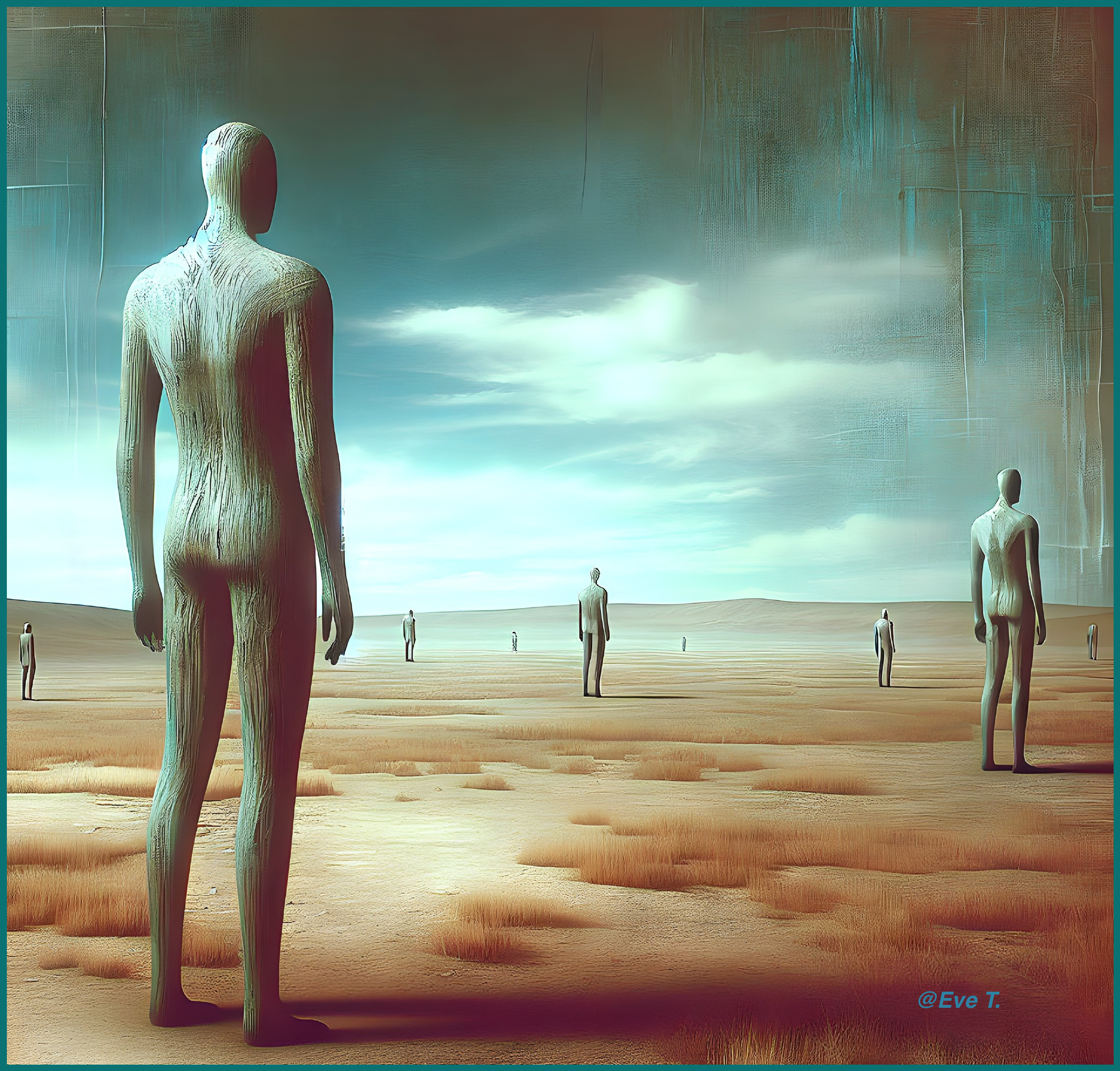 Surreal Landscape with Slender Humanoid Figures