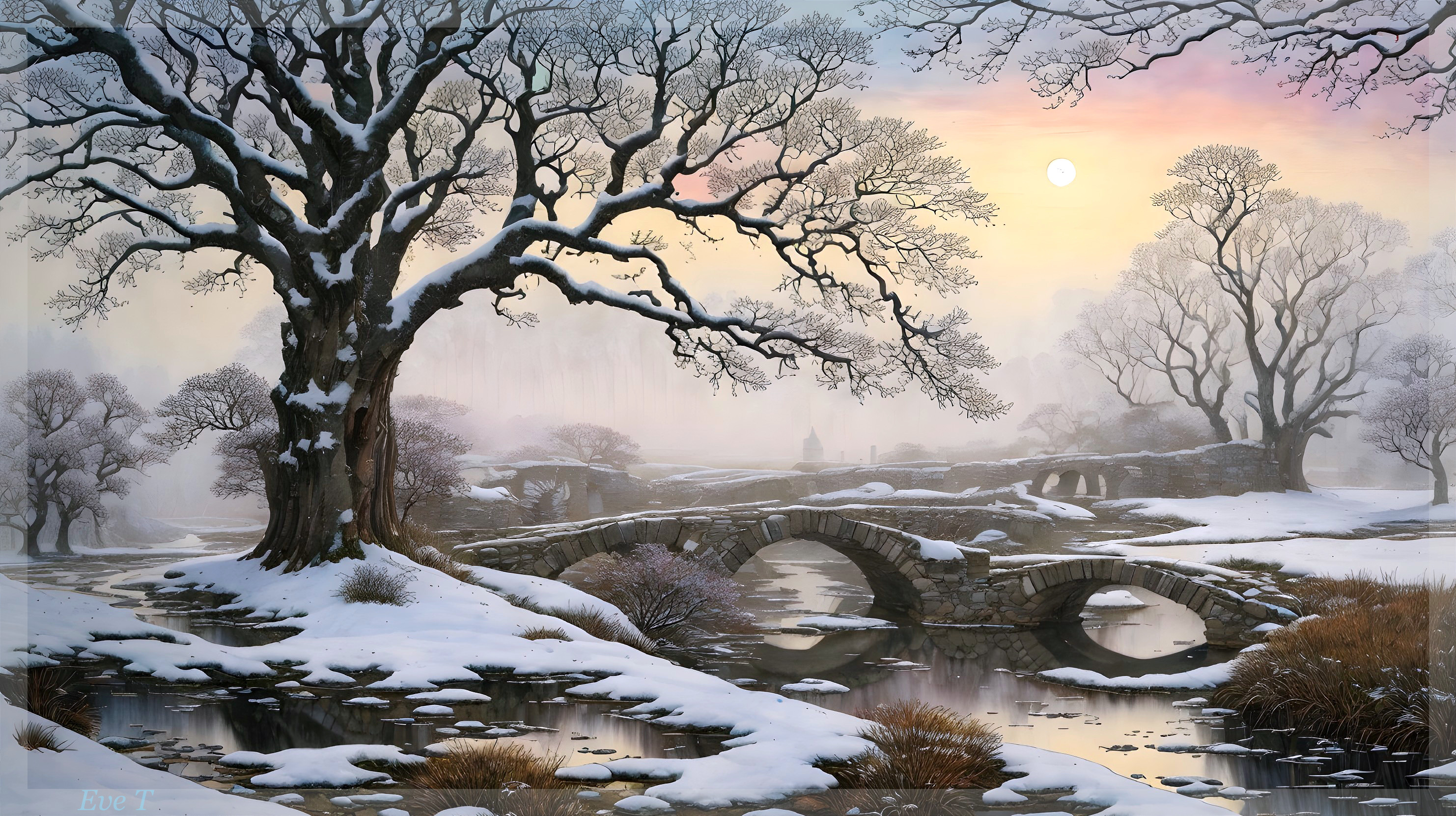 Serene Winter Landscape with Snow-Covered Tree