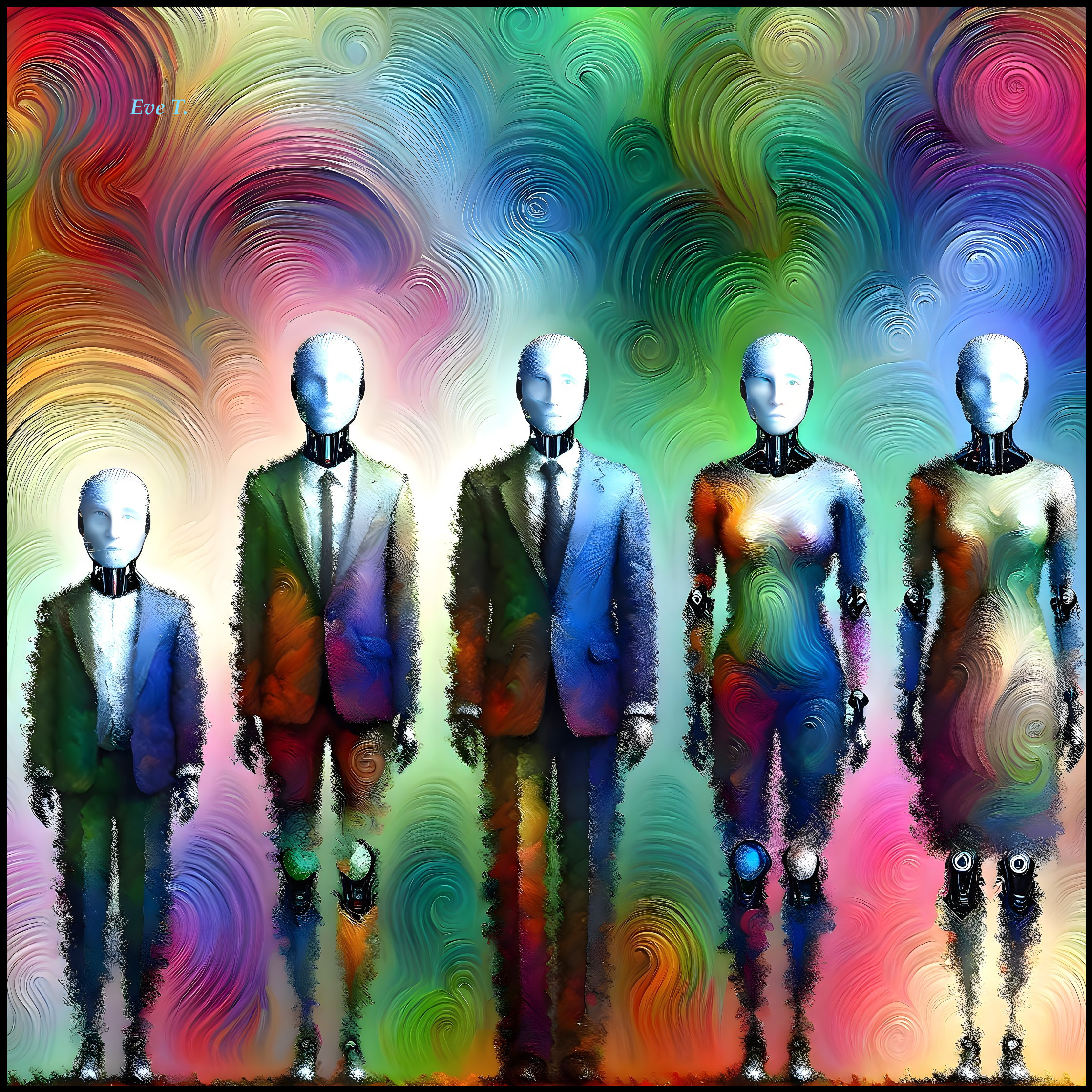 Stylized Humanoid Robot Figures in Formal Attire